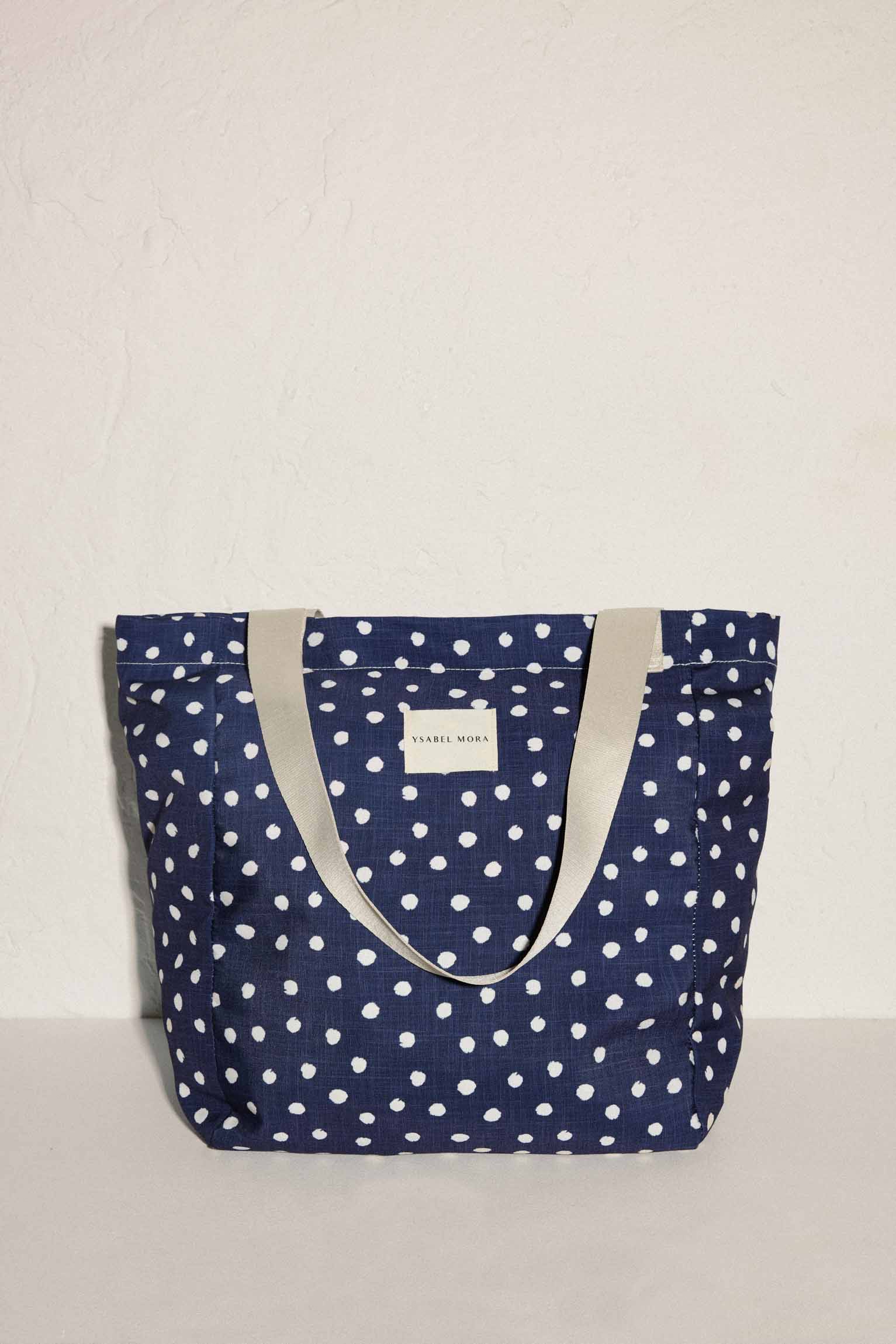 Bolso de playa con estampado a puntos y bolsillo interior marino