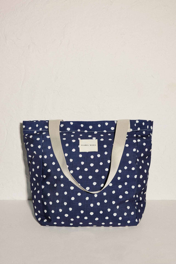 Beach bag with dot print and navy interior pocket
