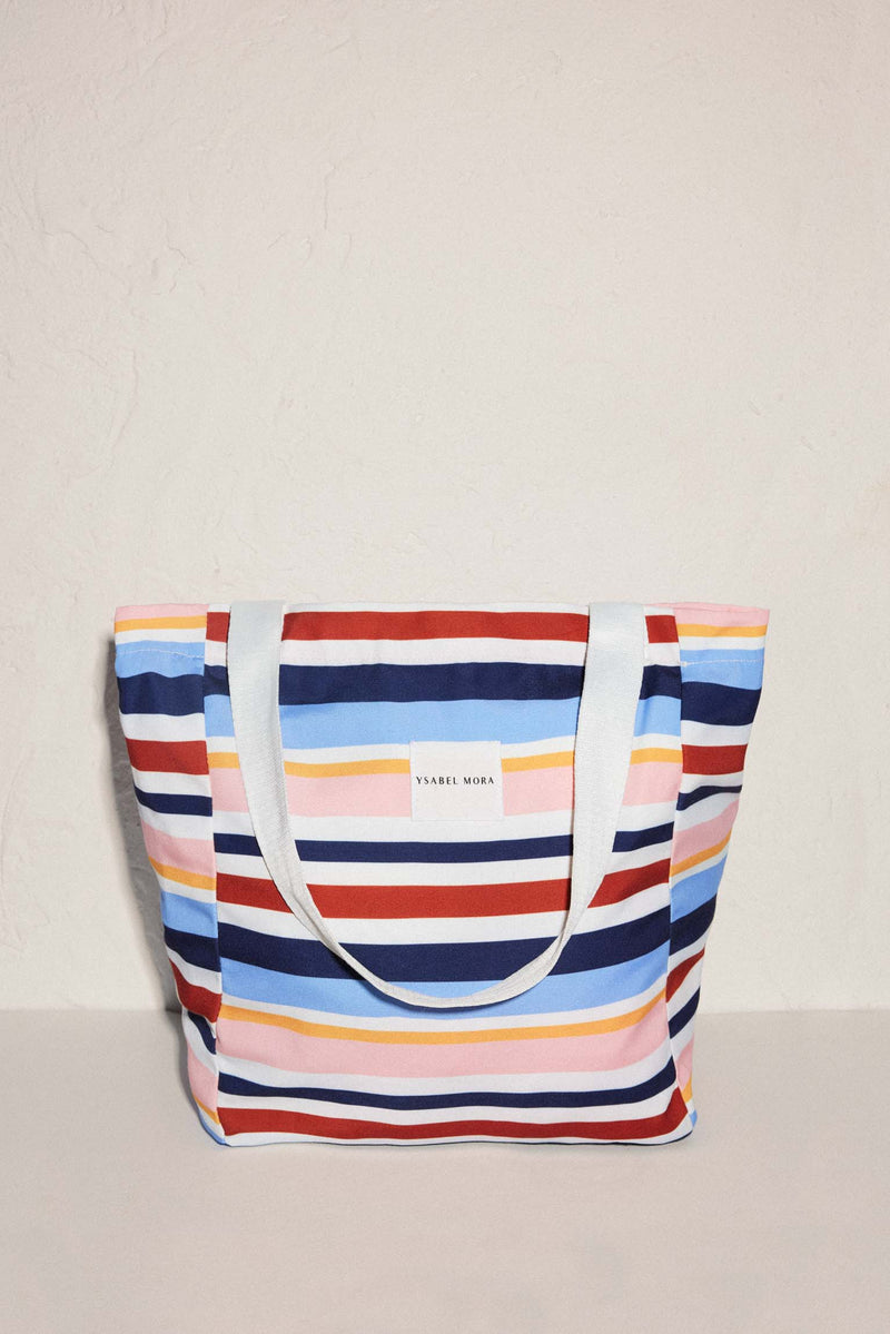 Beach bag with striped print and removable toiletry bag