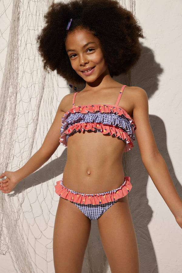 Girl's bikini top and panties with printed ruffles