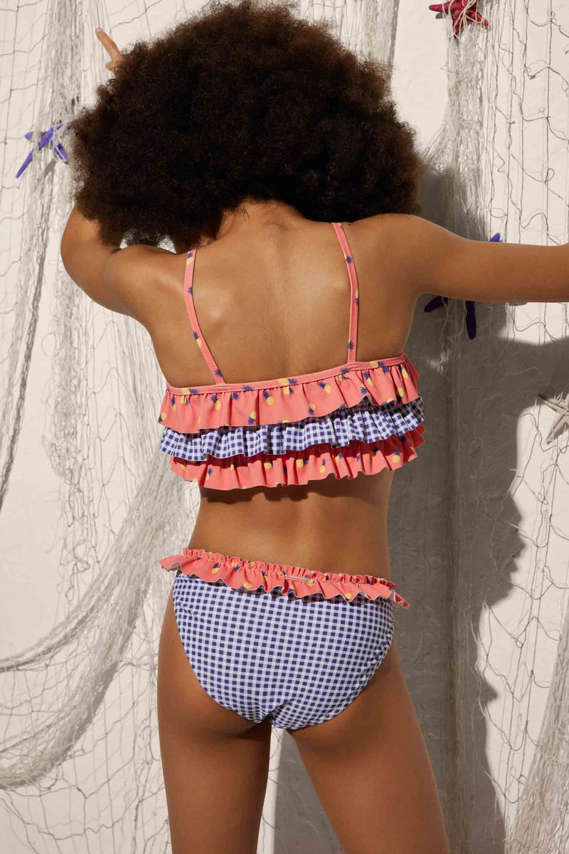 Girl's bikini top and panties with printed ruffles