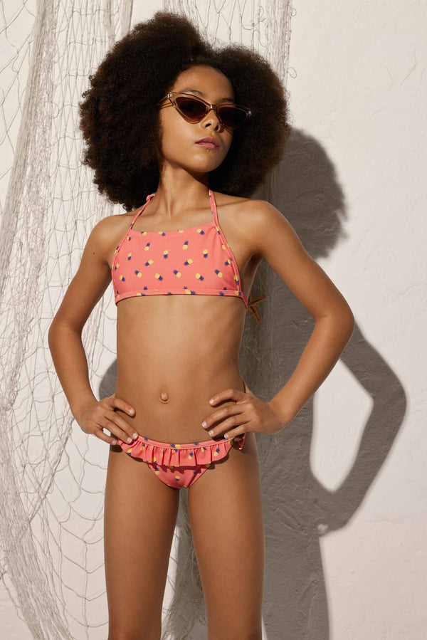 Girl's bikini with bandeau top and ruffled pineapple print panties