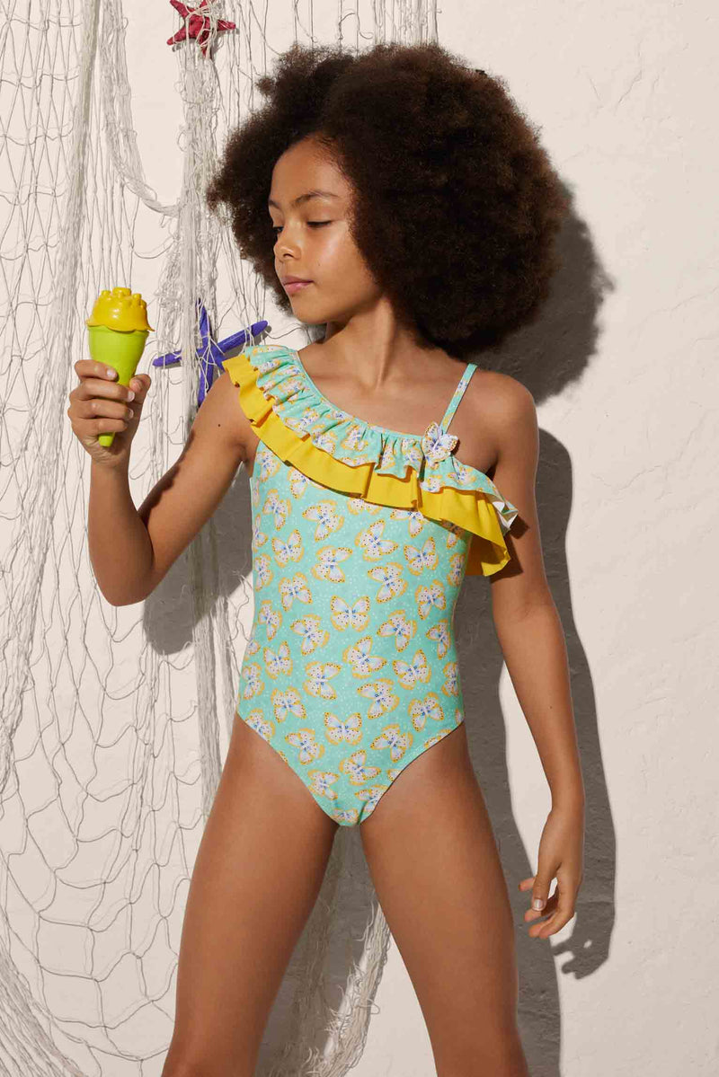 Girl's swimsuit with asymmetrical straps with ruffle