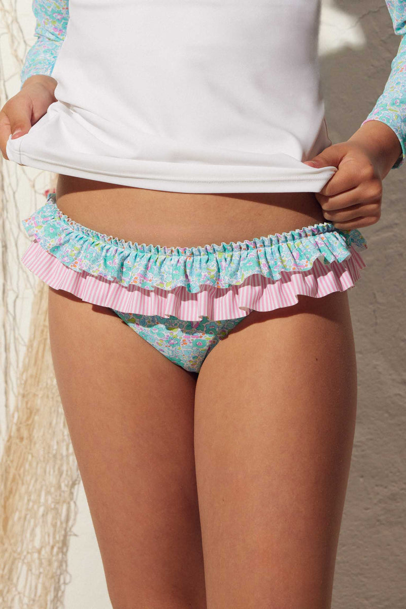 Girl's swim brief with floral print ruffles