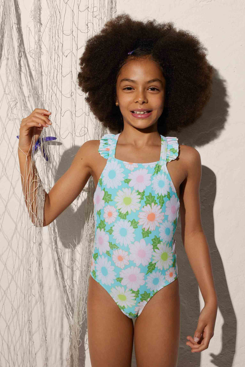 Flower Girl Swimsuit with Wide Straps and Ruffle Detail