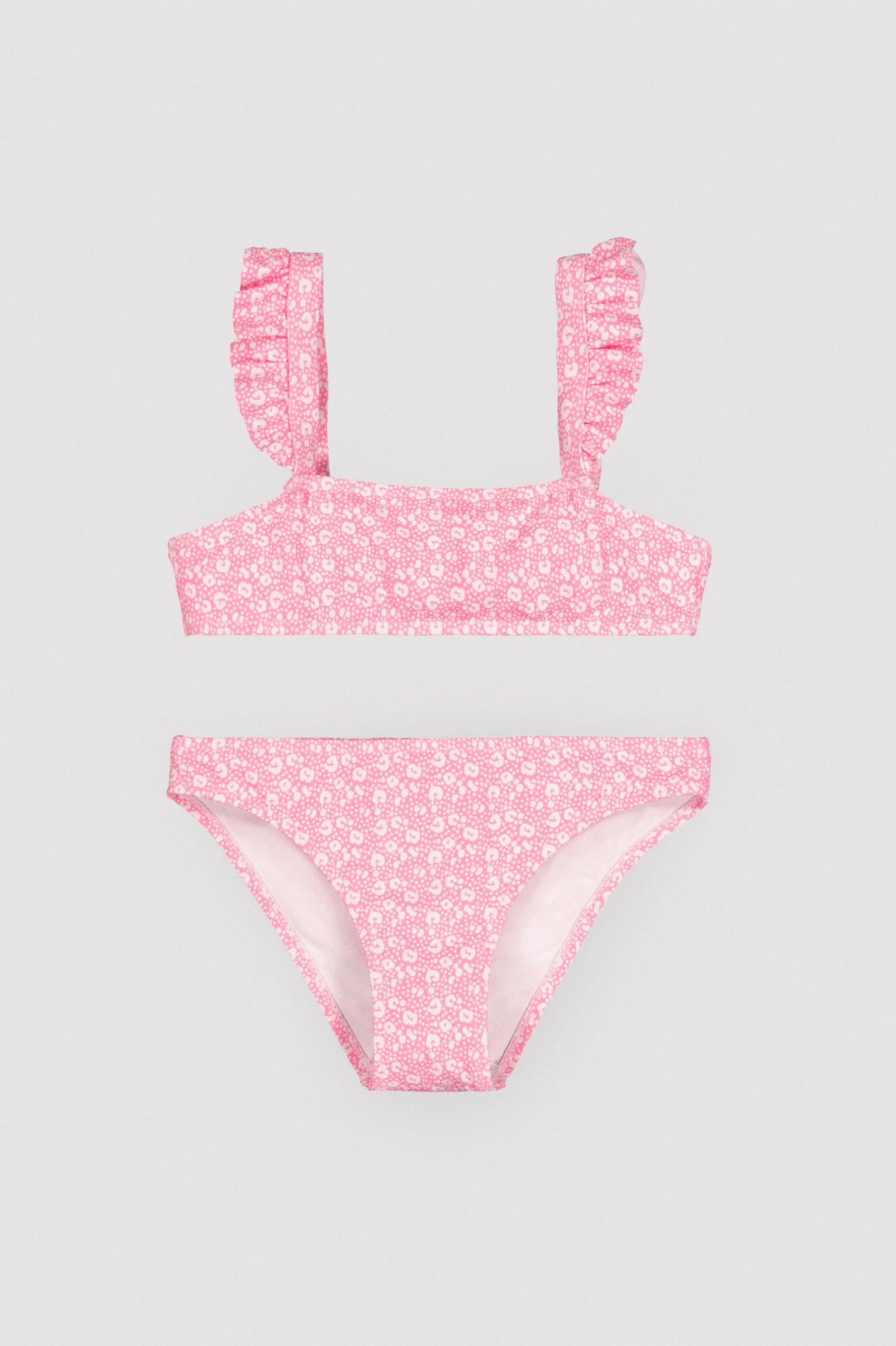 Conjunto bikini niña detalles volantes estampado leopardo rosa - Ysabel Mora