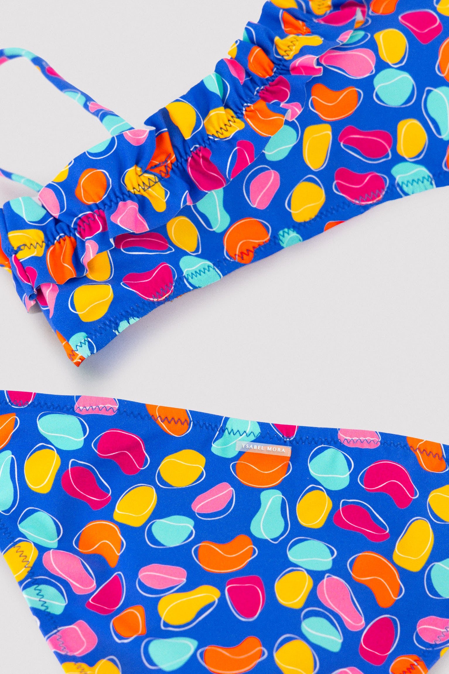 Bikini niña detalle fruncido estampado formas orgánicas multicolor