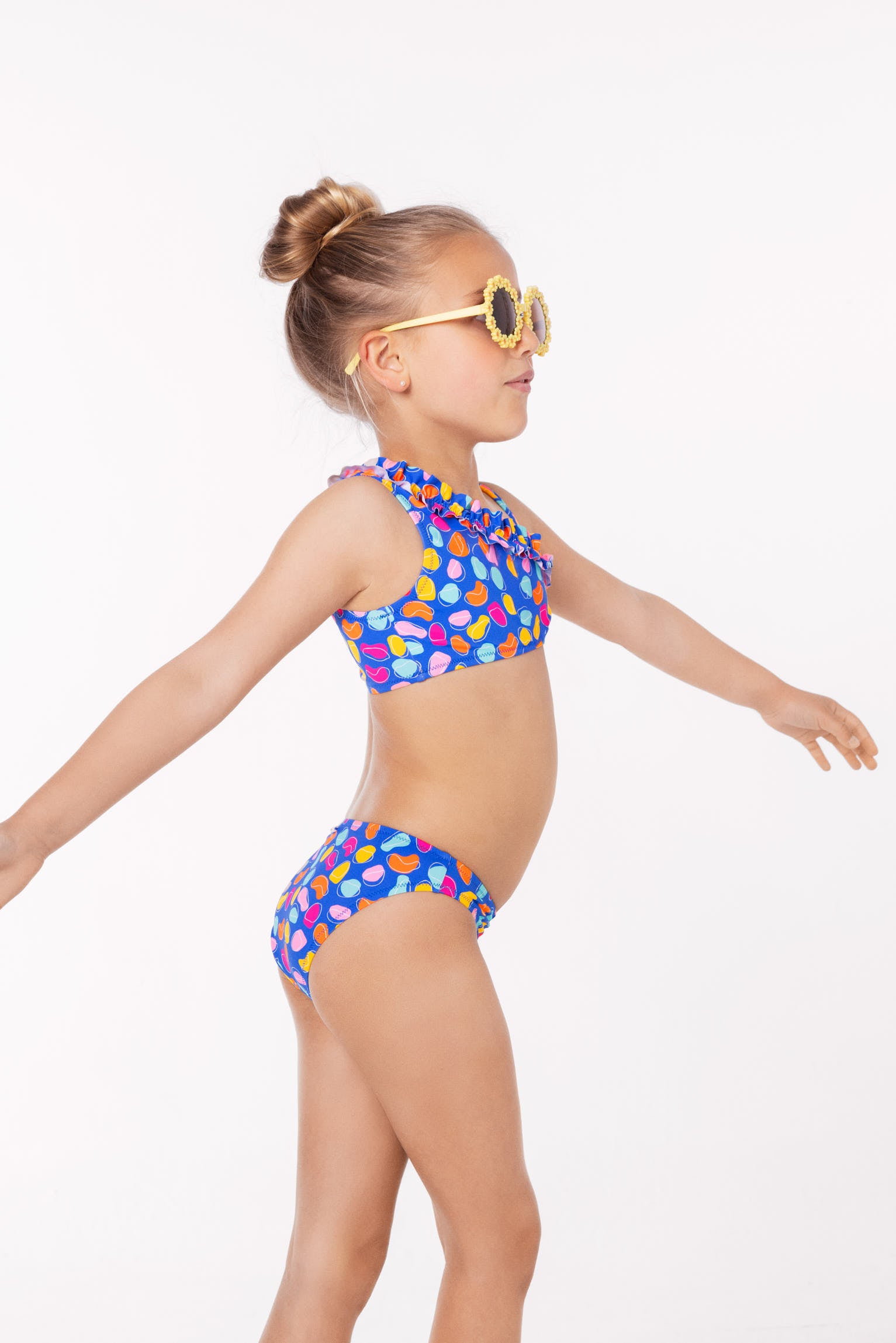 Bikini niña detalle fruncido estampado formas orgánicas multicolor