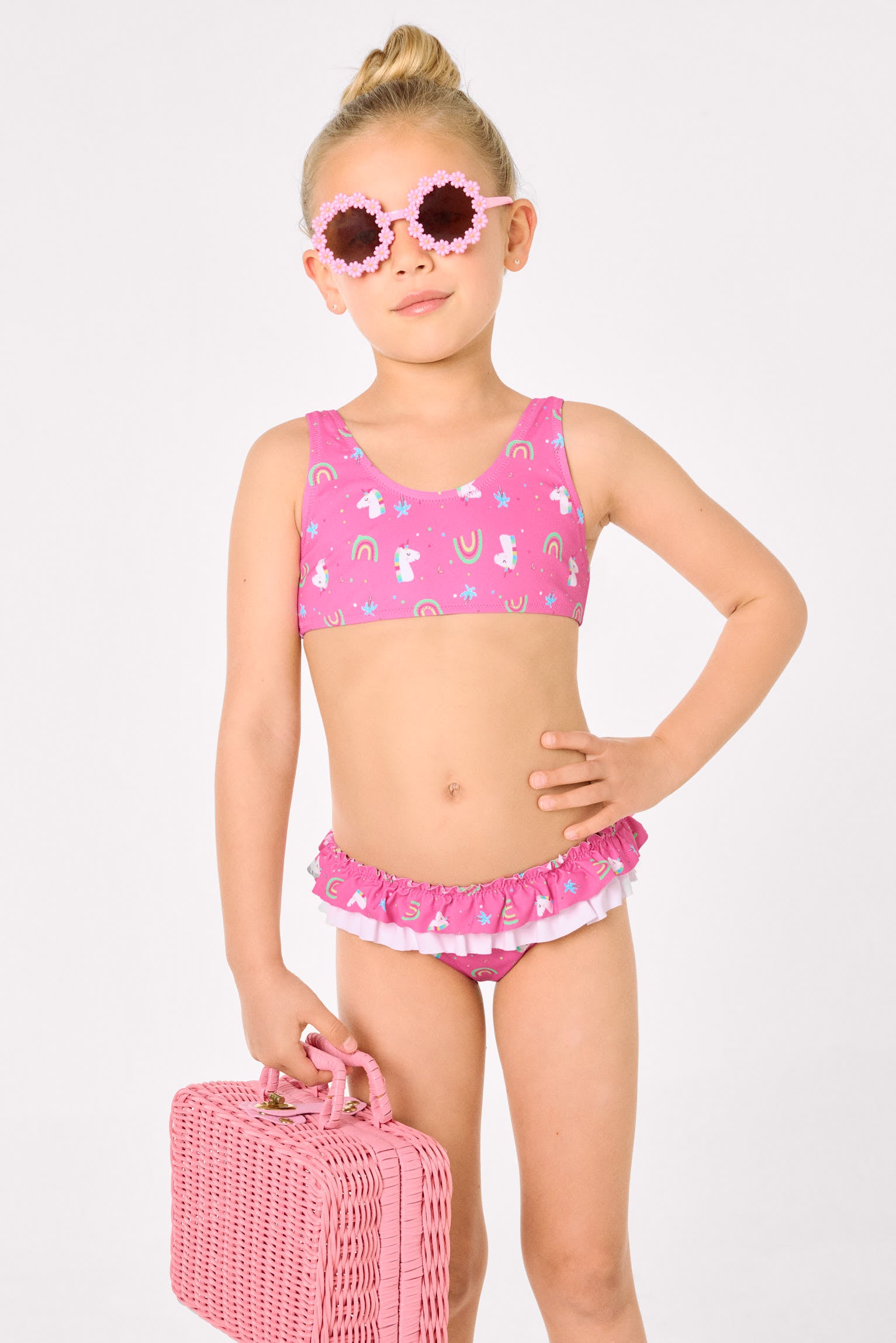 Bikini niña detalle volantes y lazos estampado unicornios