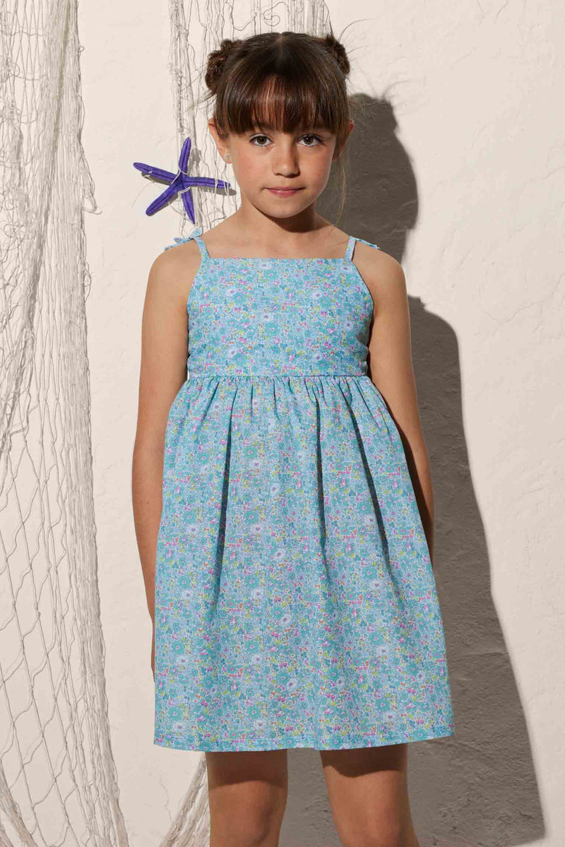 Girl's beach dress with knotted straps and flower print