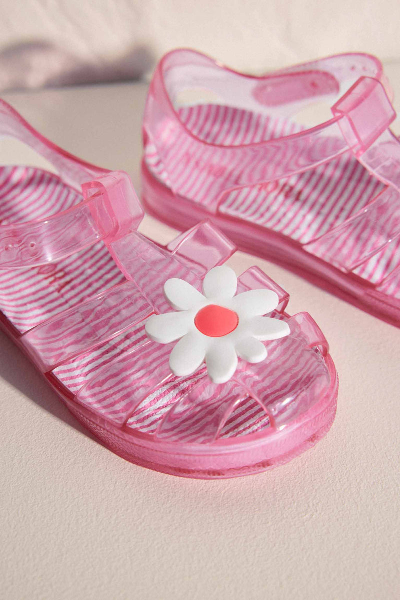Girl's beach sandals with striped print and flower detail