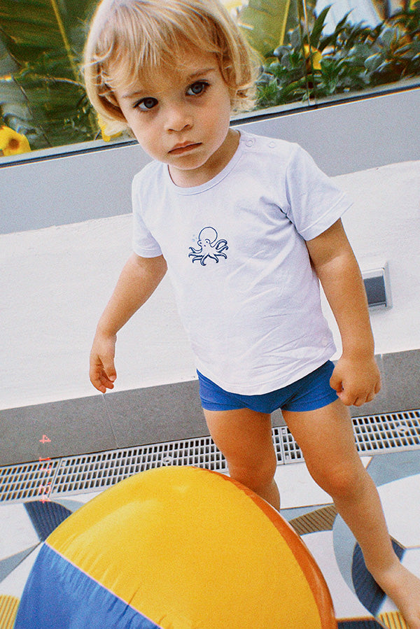 Baby set of boxer swimsuit and white octopus t-shirt