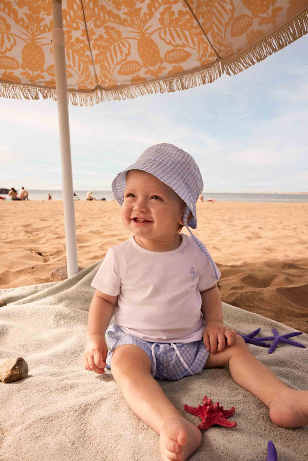 Baby T-shirt with bottom & blue gingham beach hat