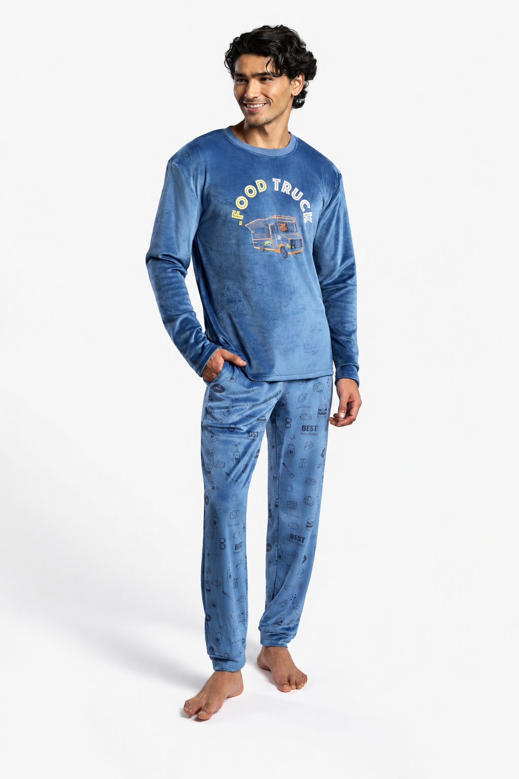 Pijama largo de hombre de terciopelo estampado Food Truck