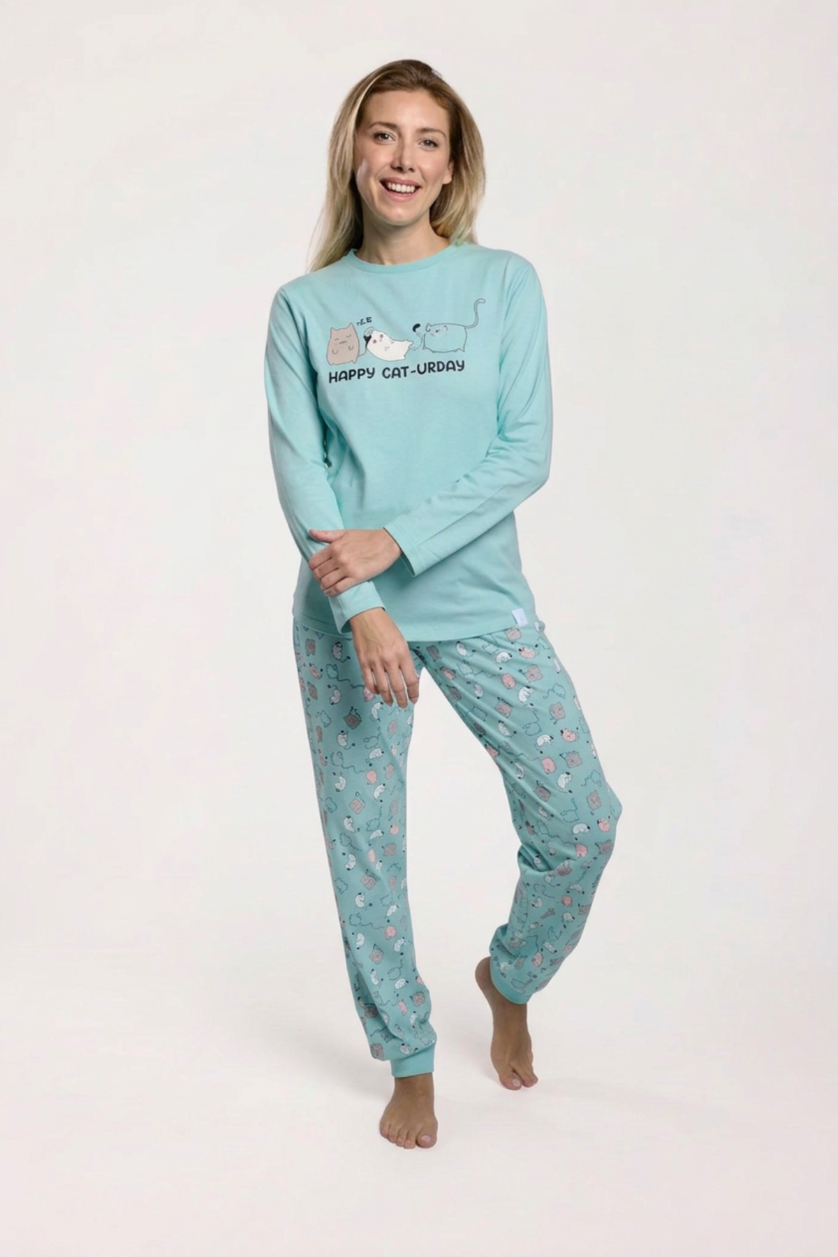 Pijama largo algodón mujer estampado gatos azul
