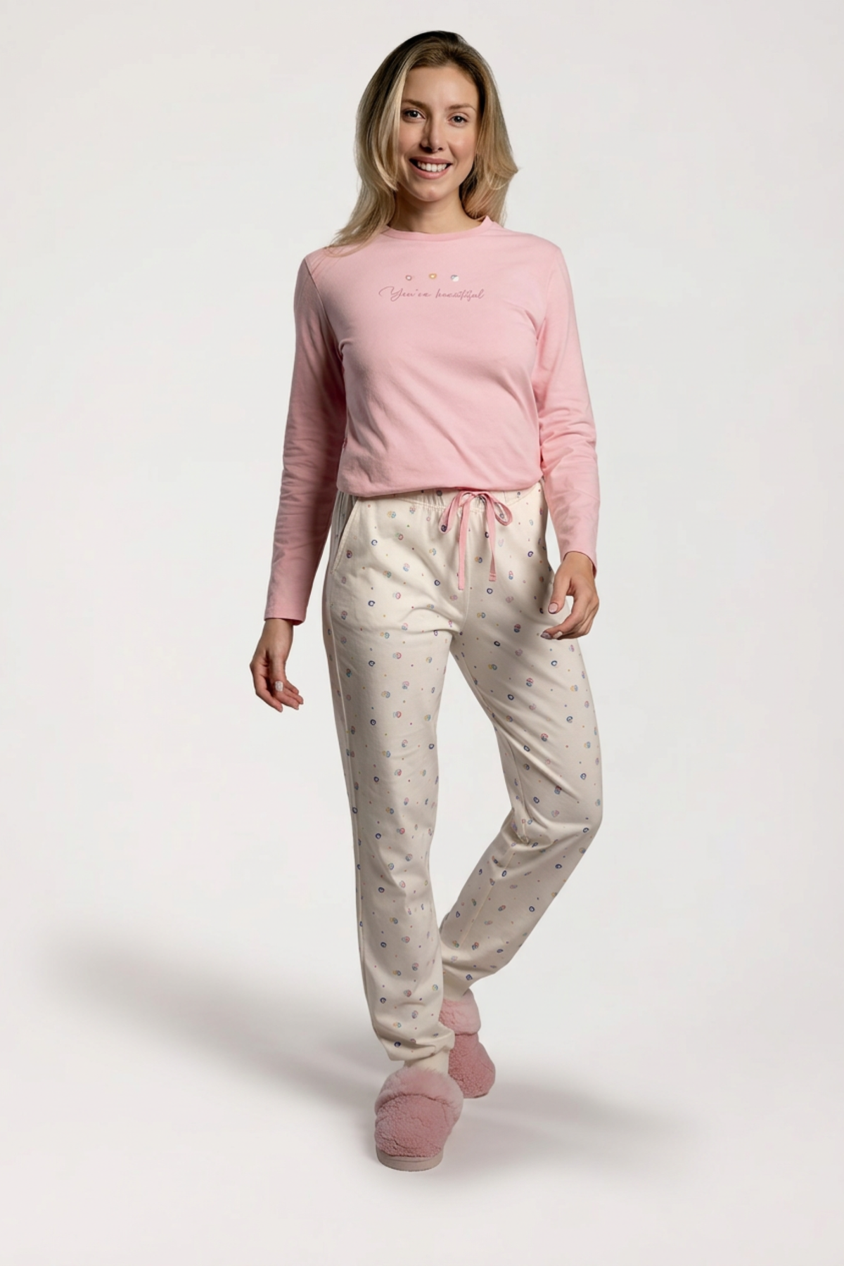 Pijama largo algodón mujer rosa y blanco