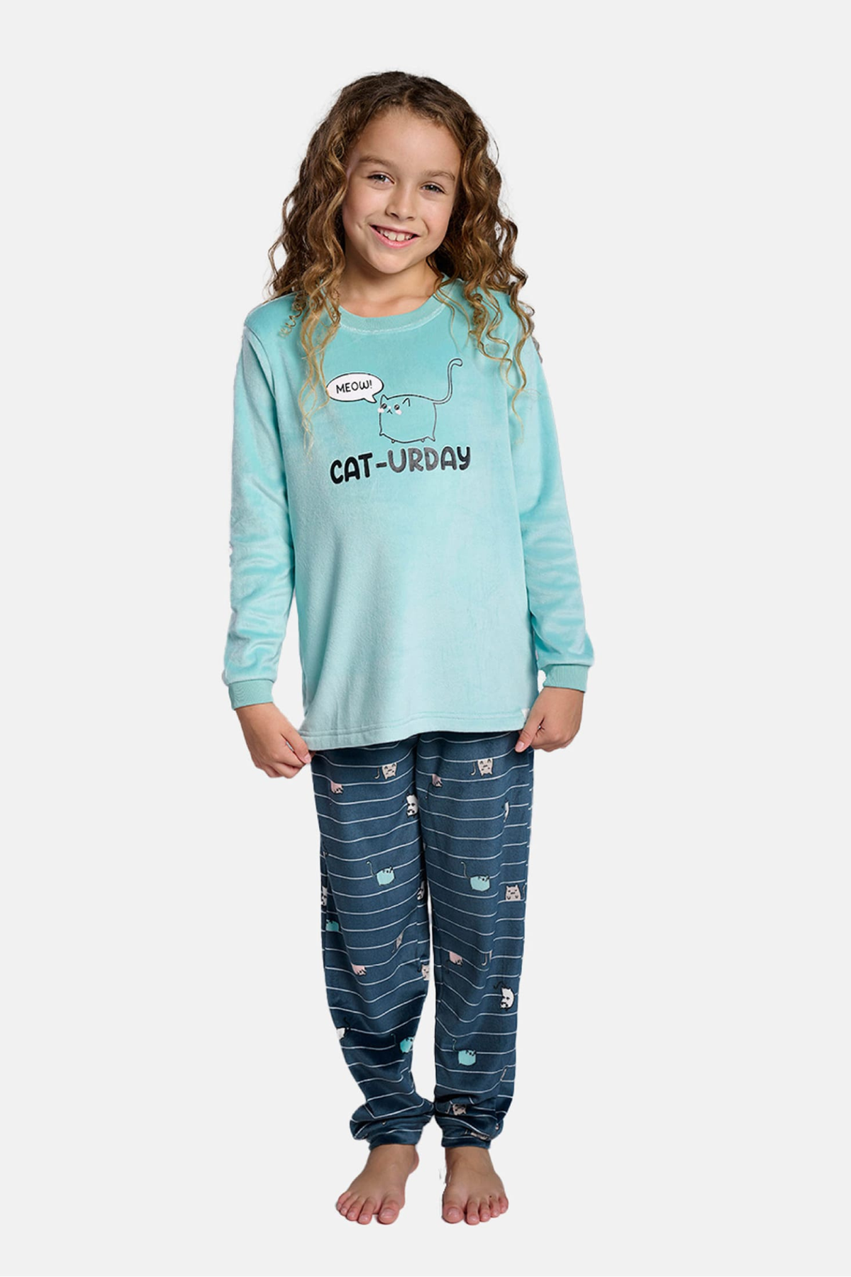 Pijama largo niña terciopelo cat-urday estampado rayas