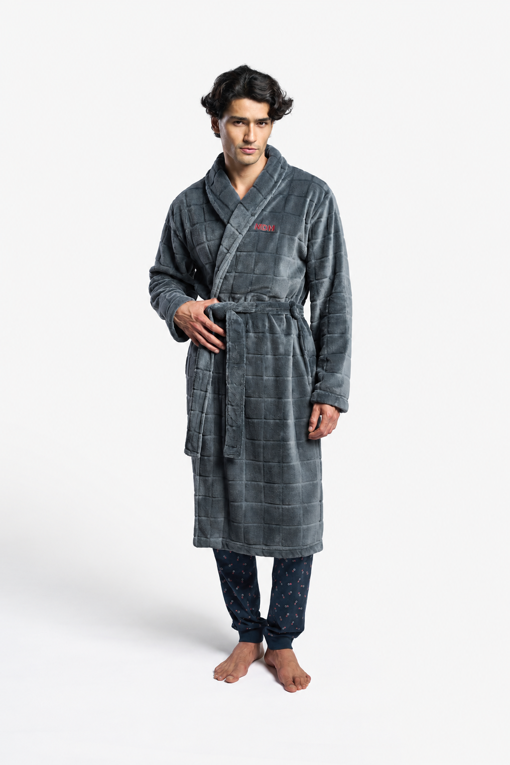 Bata larga polar coralina hombre relieve cuadros gris