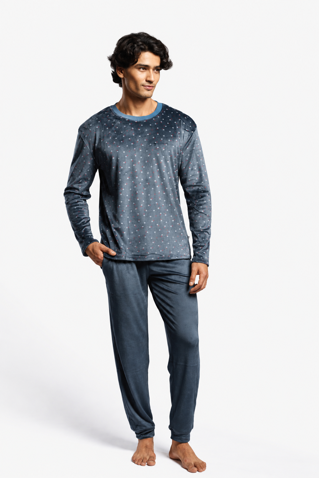 Pijama largo de hombre de terciopelo estampado cuadrados
