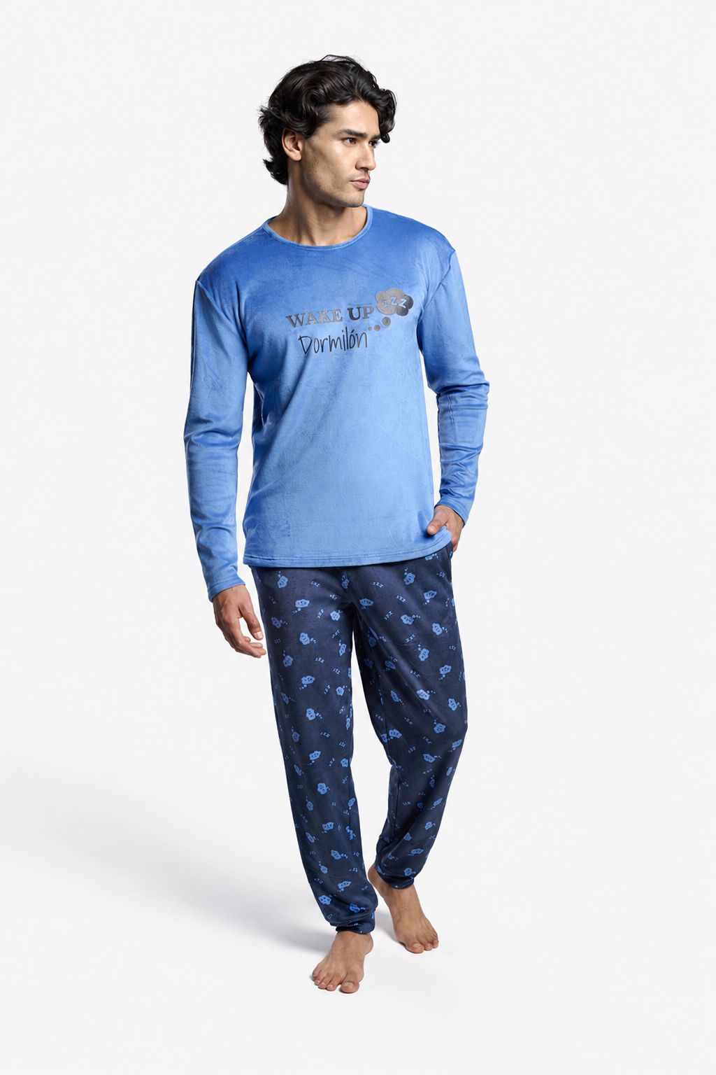 Pijama largo hombre terciopelo estampado Wake Up Dormilón