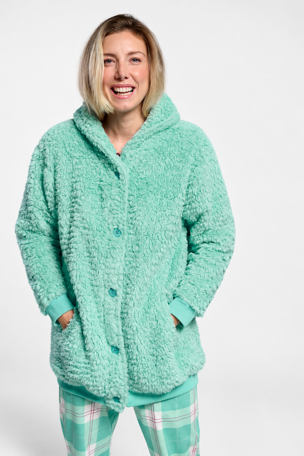Bata corta polar borreguito mujer verde con botones