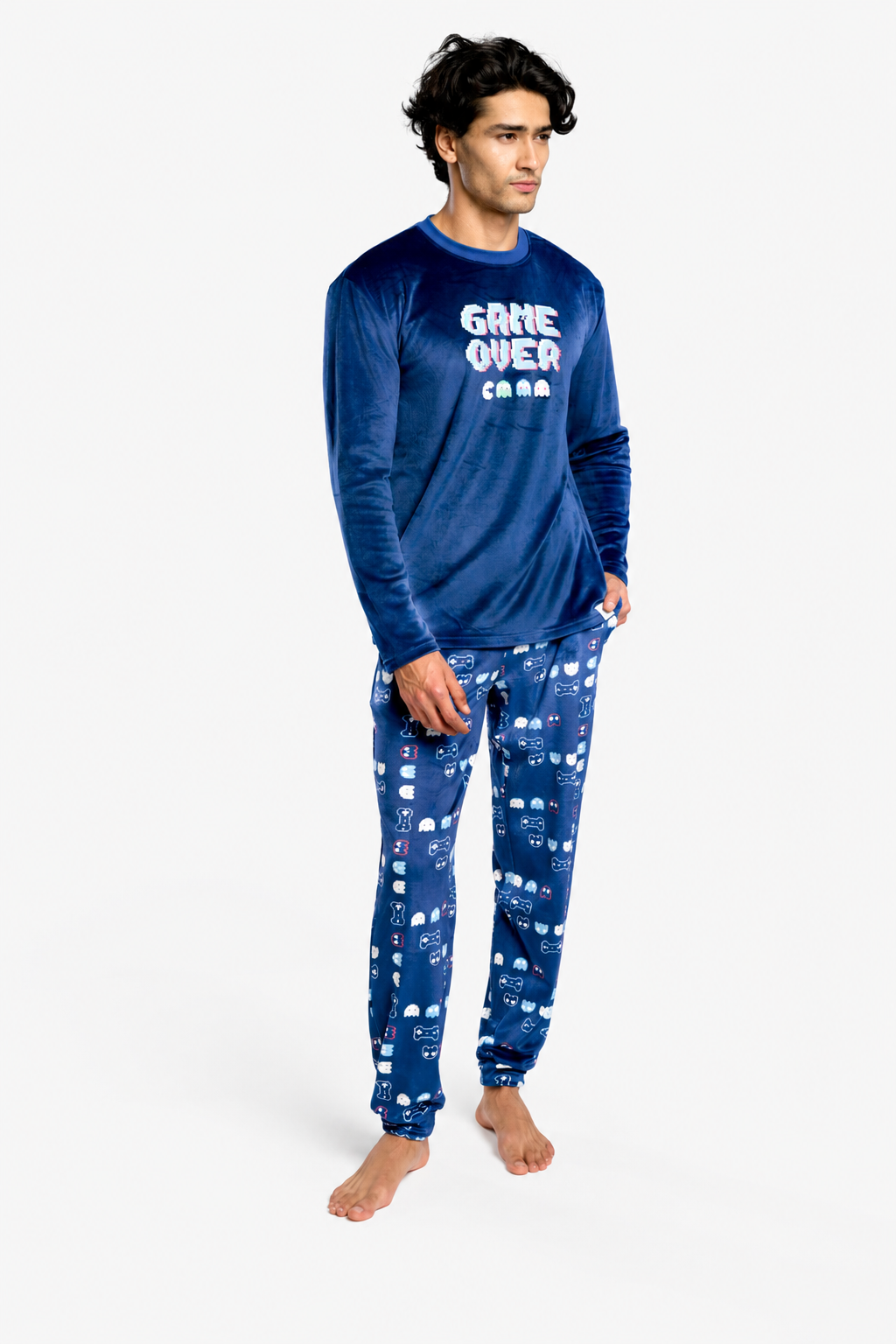 Pijama largo hombre terciopelo estampado Game Over