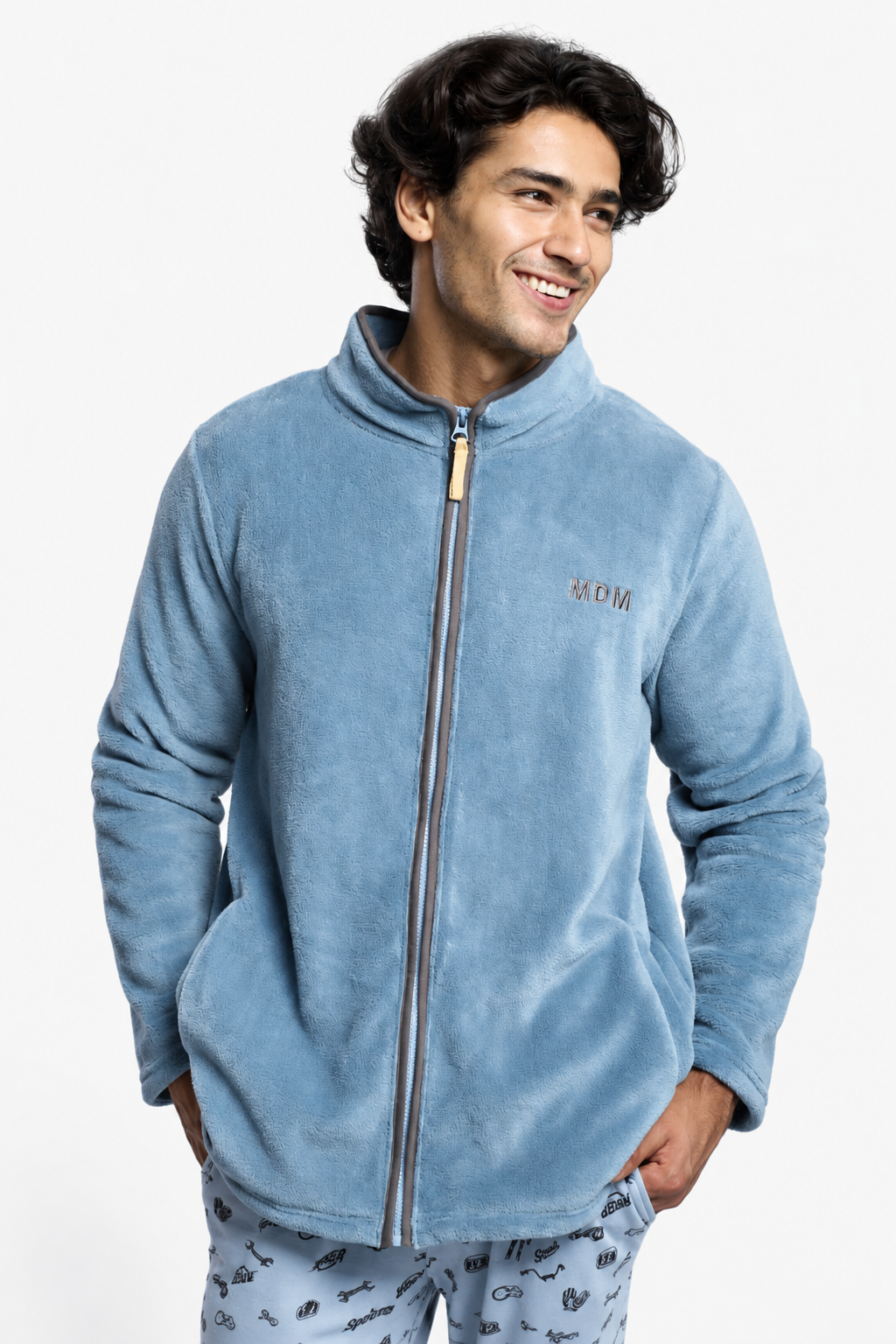Bata corta polar coralina hombre azul con cremallera