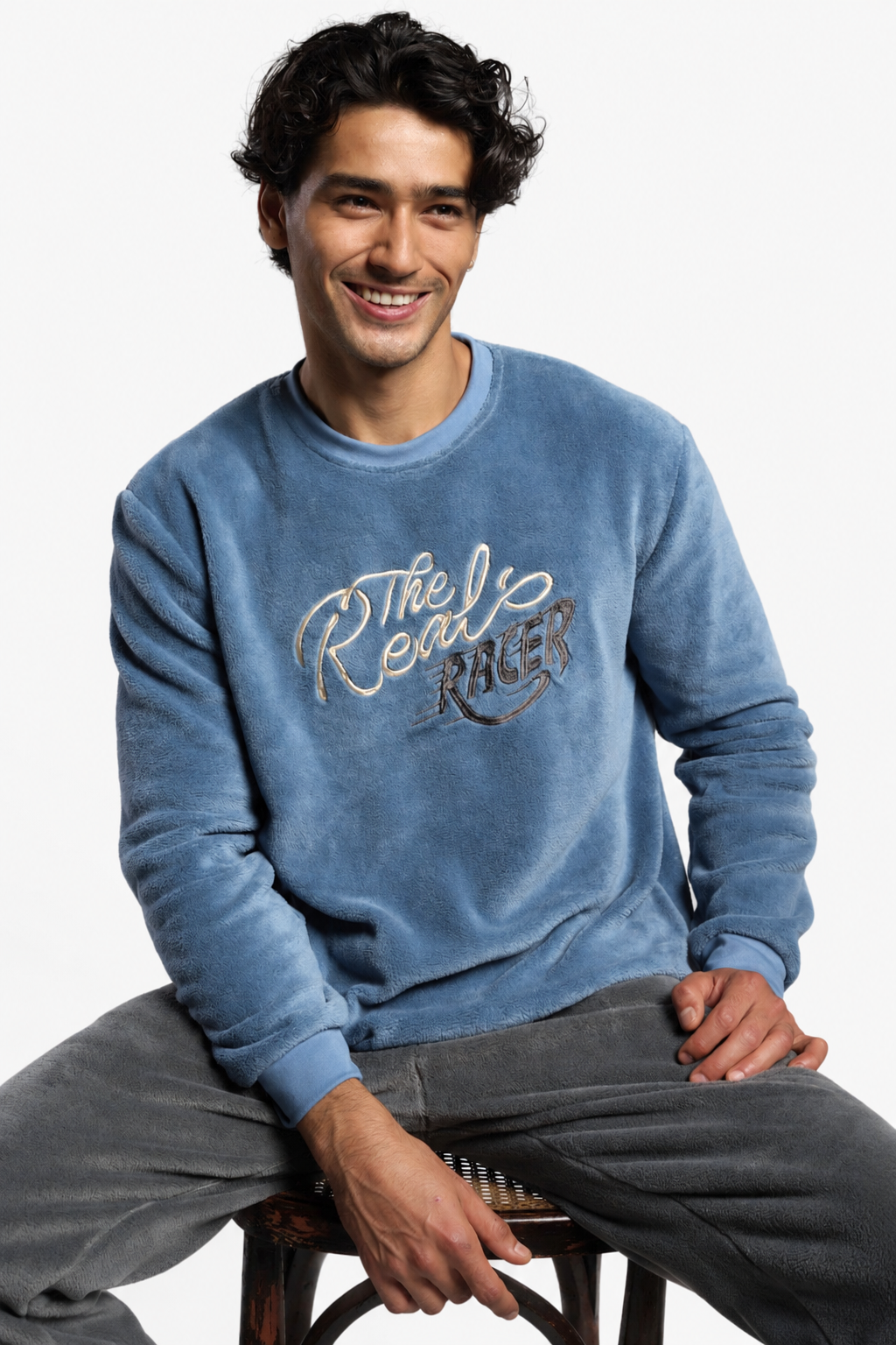 Pijama largo hombre polar coralina azul y gris The Real Racer