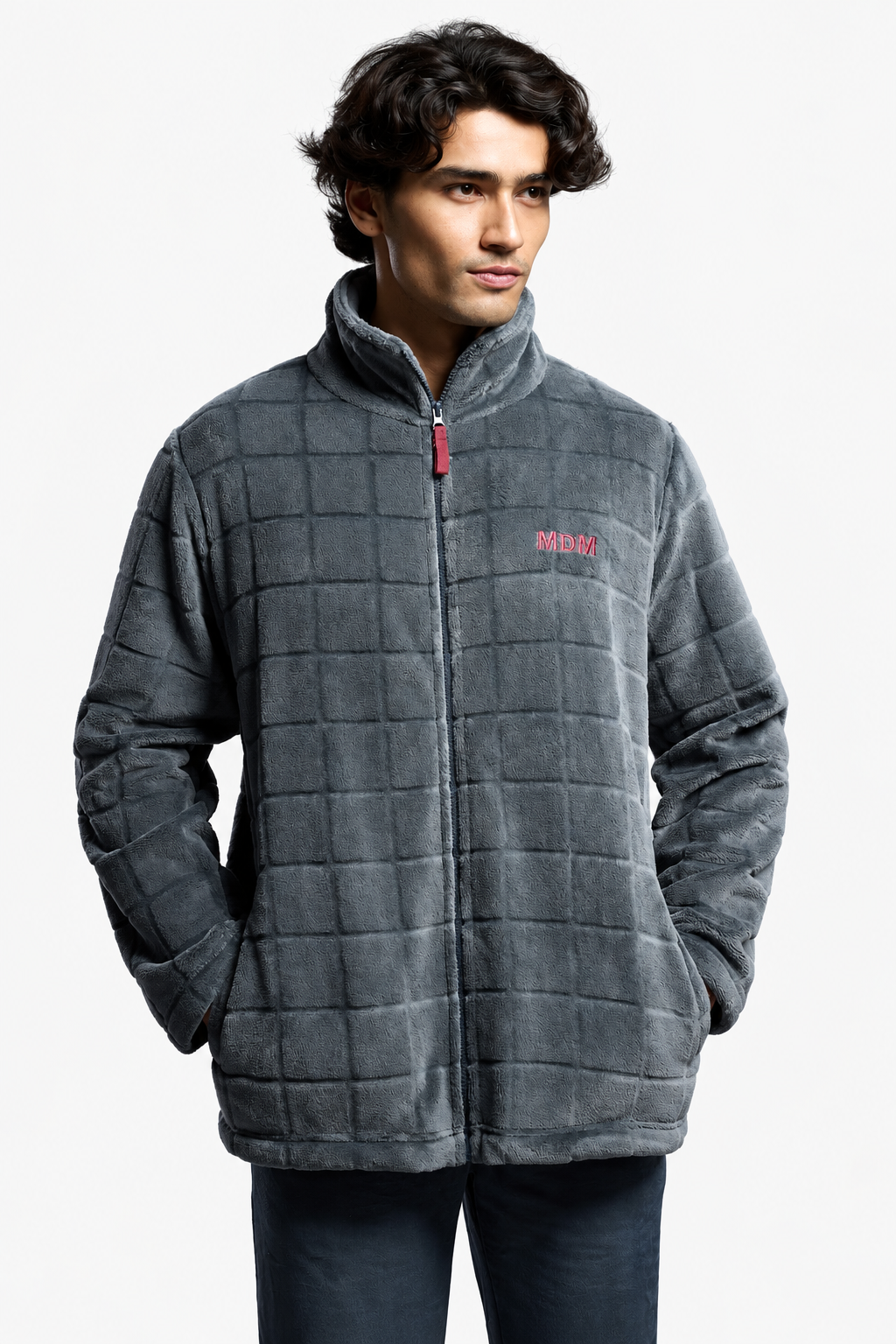 Bata corta polar coralina hombre relieve cuadros gris