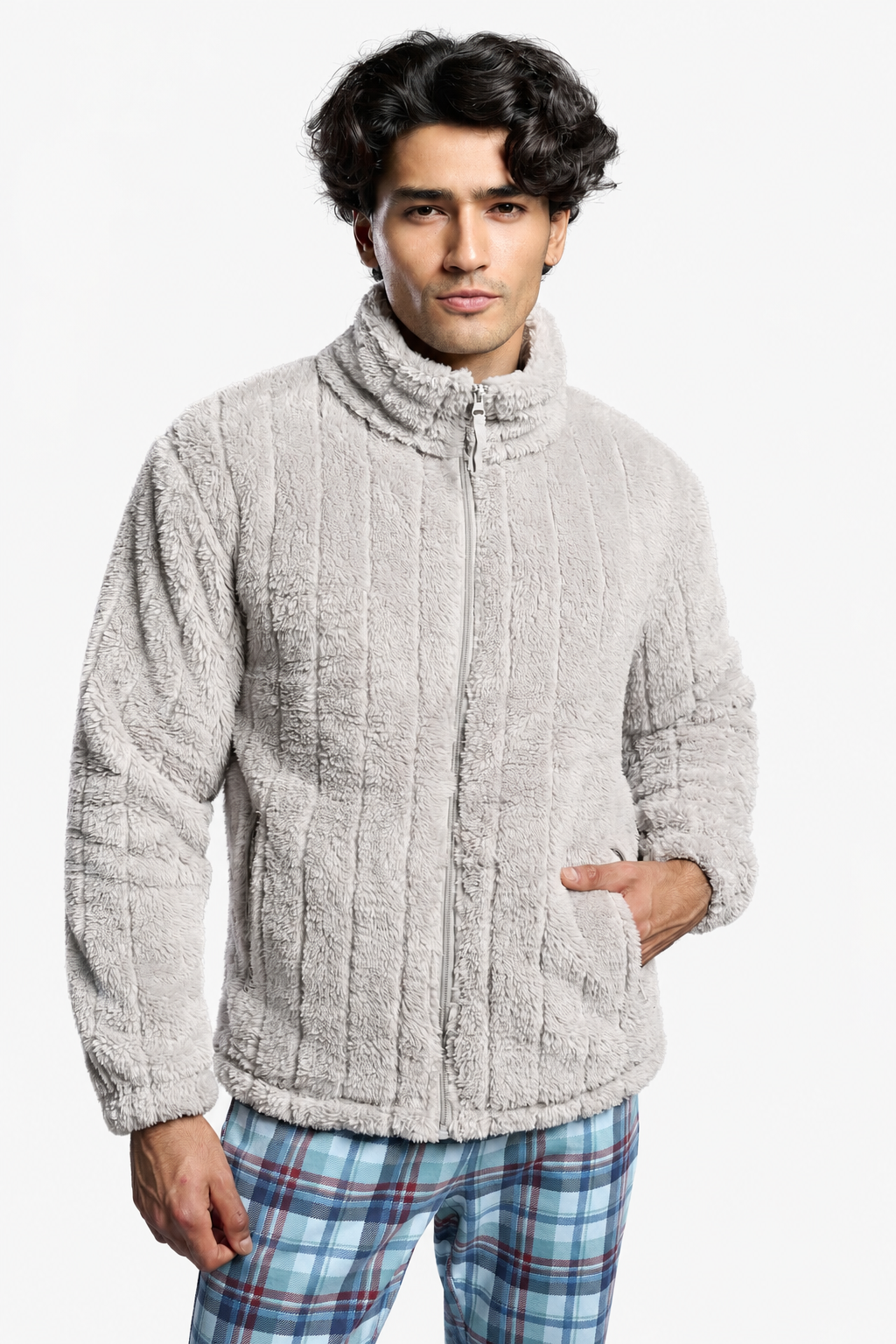 Bata corta polar borreguito hombre jacquard gris
