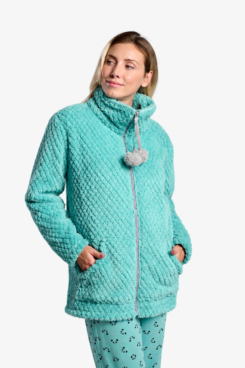 Bata corta polar borreguito mujer verde detalle pompones