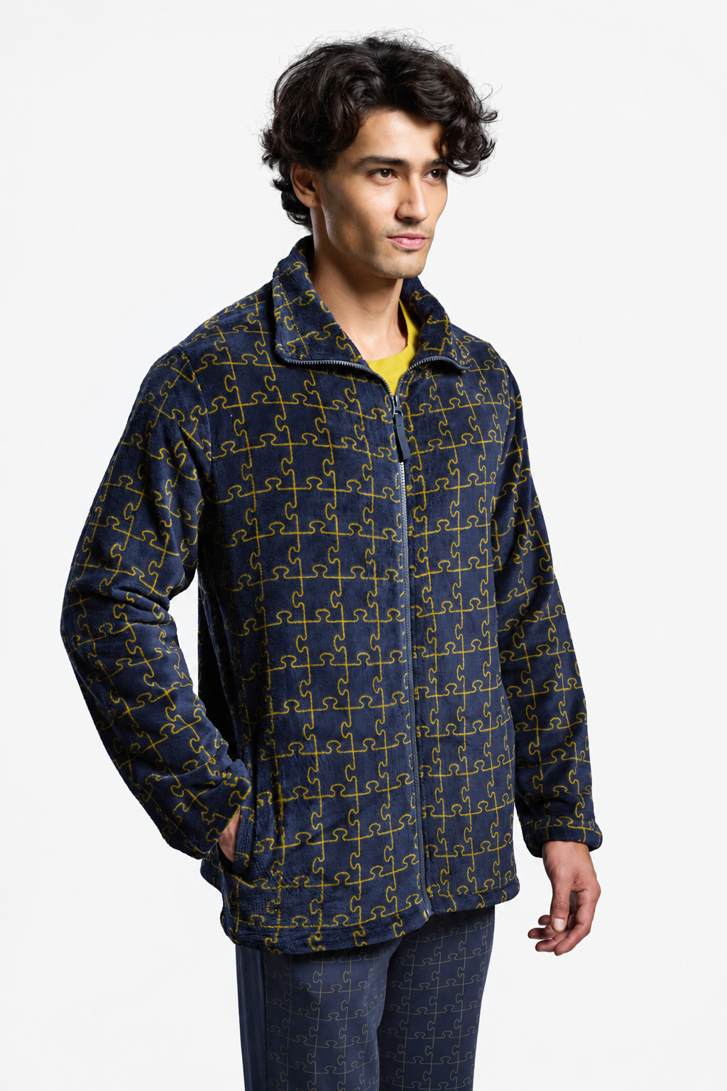 Bata corta polar coralina hombre estampado puzzle