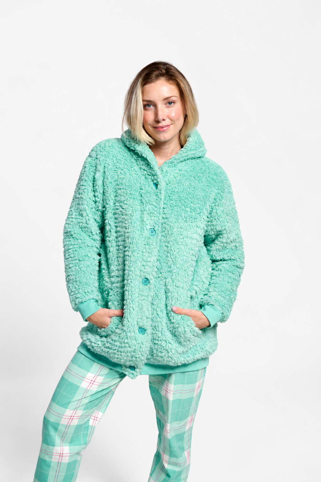 Bata corta polar borreguito mujer verde con botones