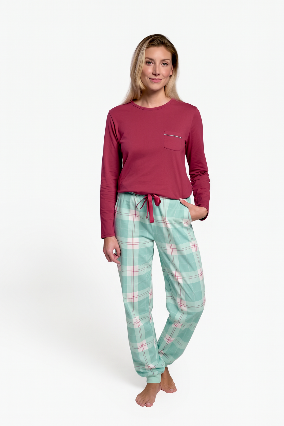 Pijama largo algodón mujer estampado cuadros verde y rojo