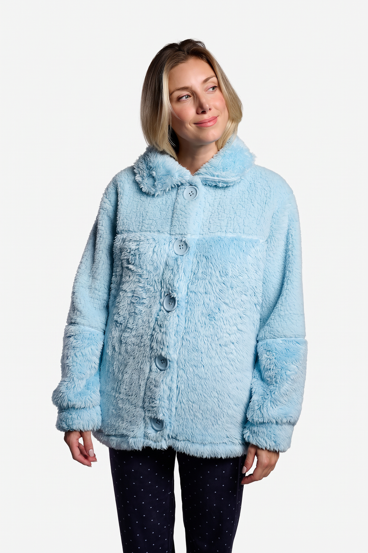 Bata corta polar borreguito mujer azul con botones
