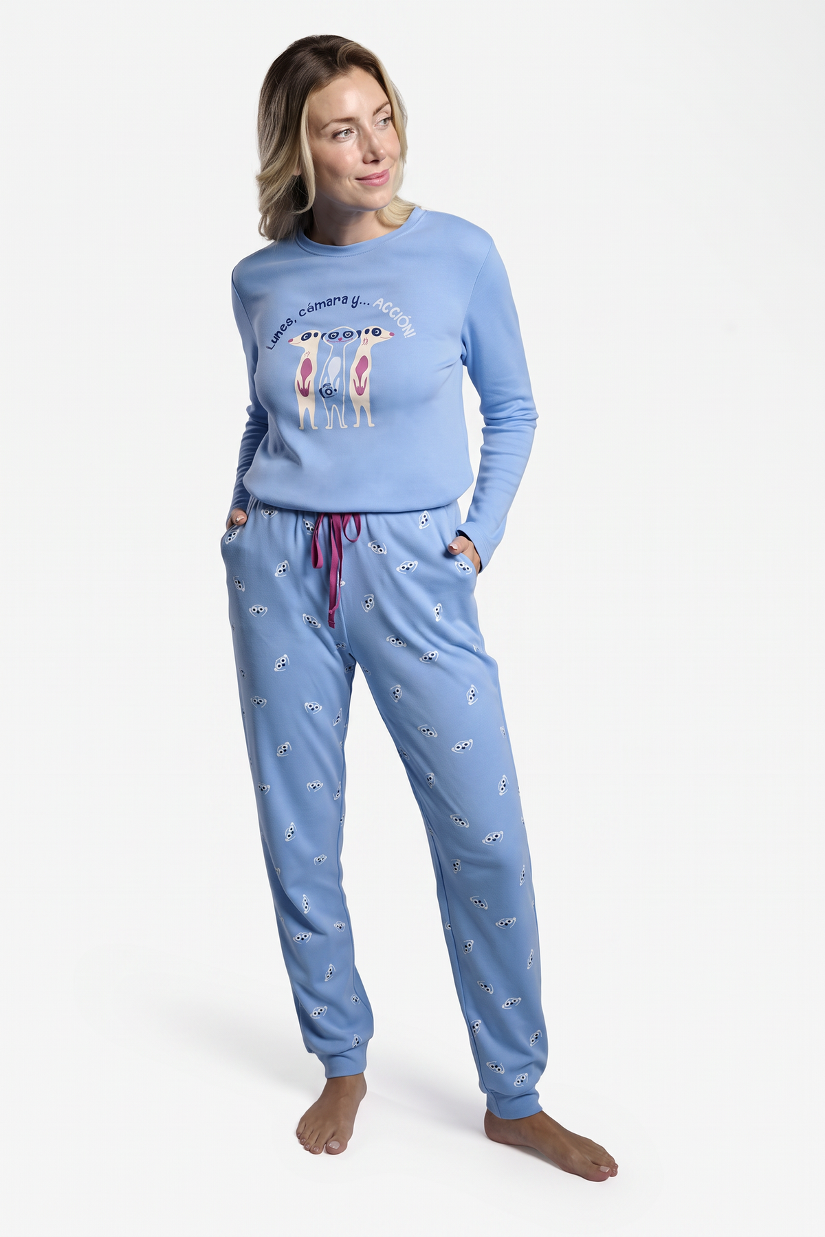 Pijama largo afelpado mujer suricatos azul