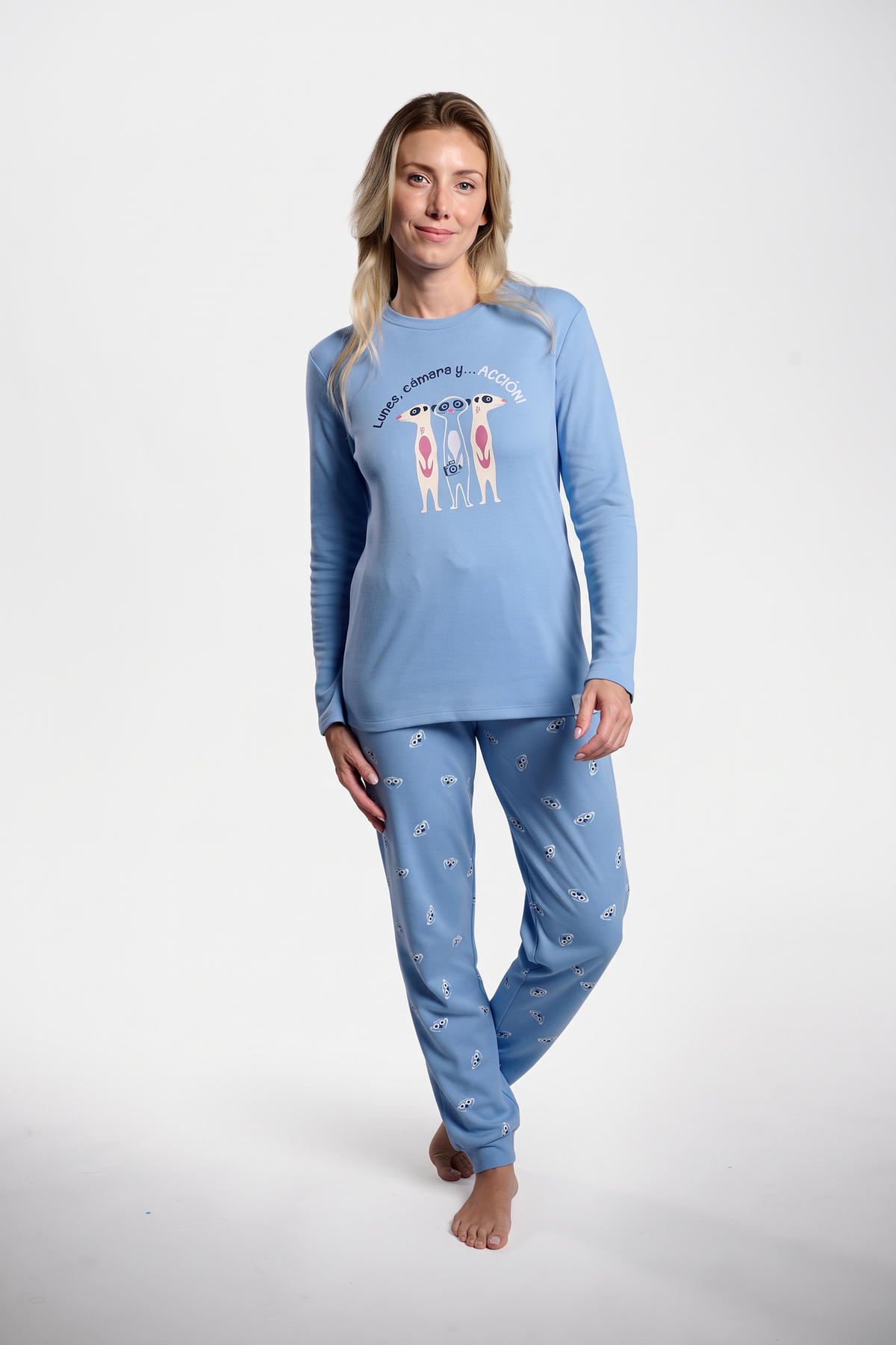 Pijama largo afelpado mujer suricatos azul
