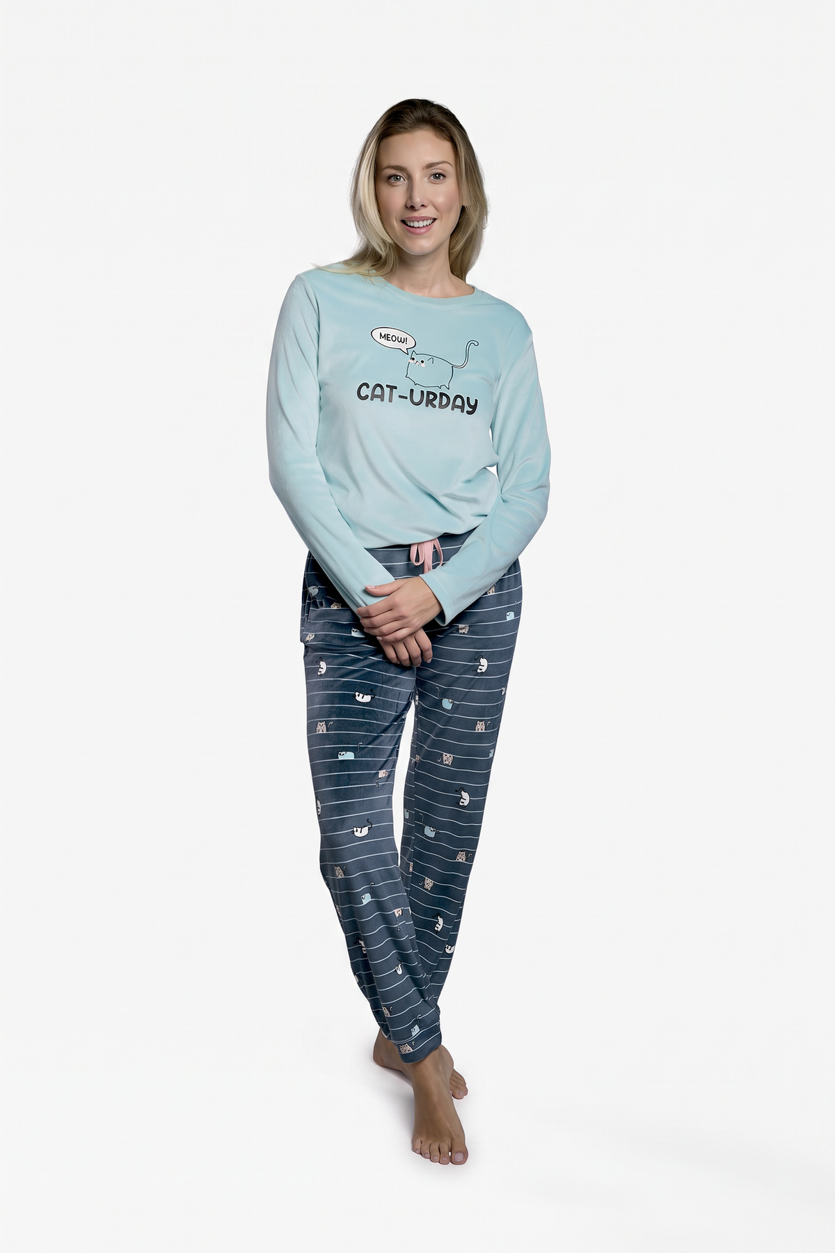 Pijama largo de terciopelo mujer azul estampado gatos