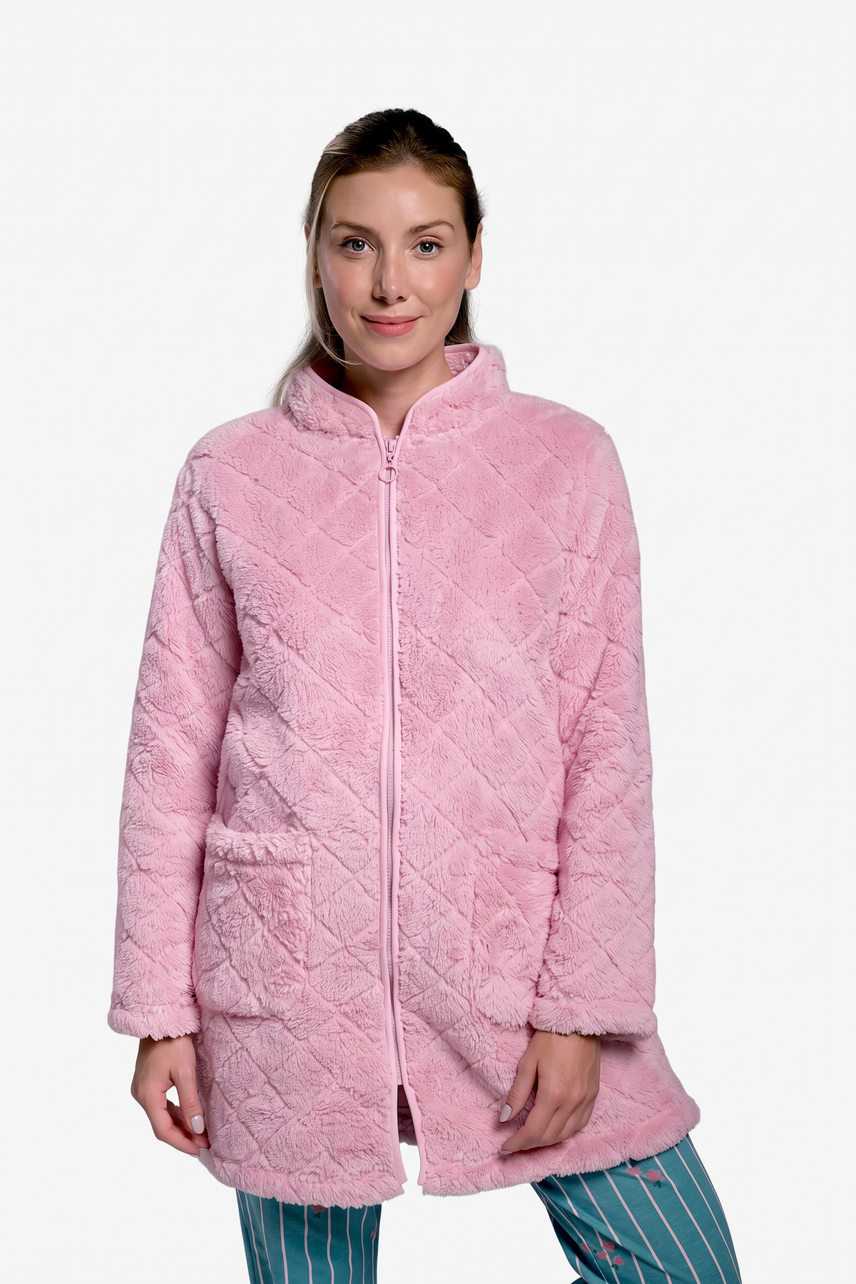 Bata corta polar borreguito mujer rosa con cremallera