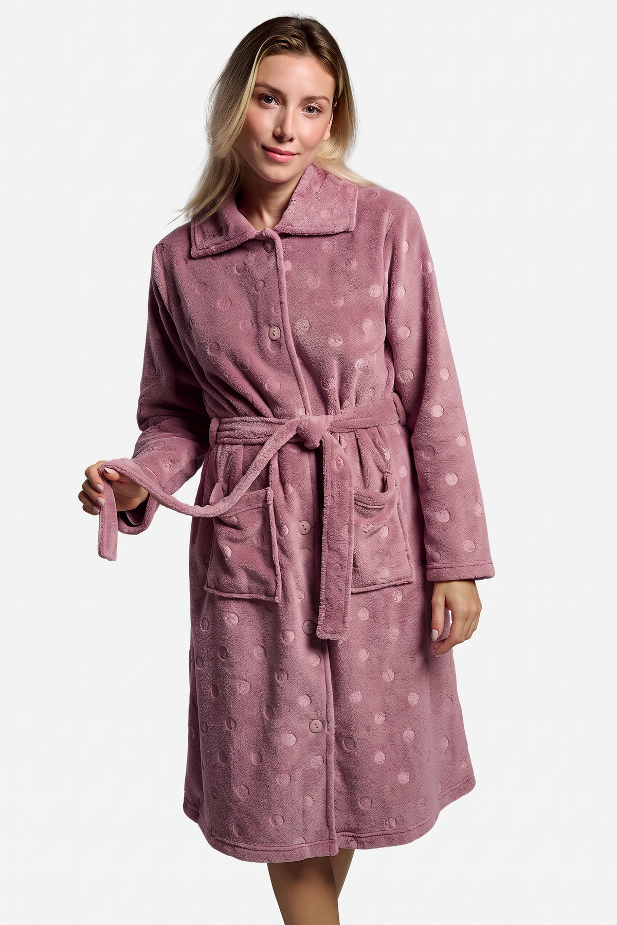 Bata midi polar coralina mujer rosa lunares