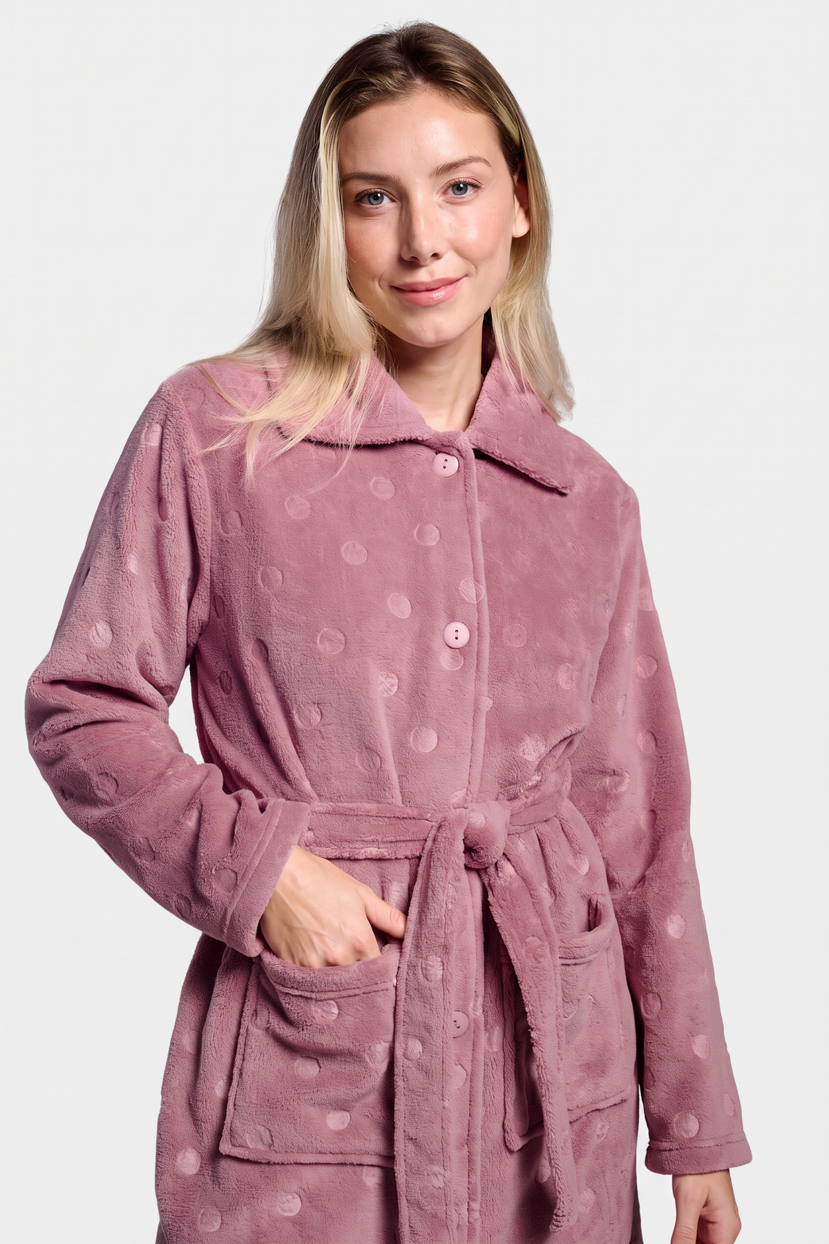 Bata midi polar coralina mujer rosa lunares