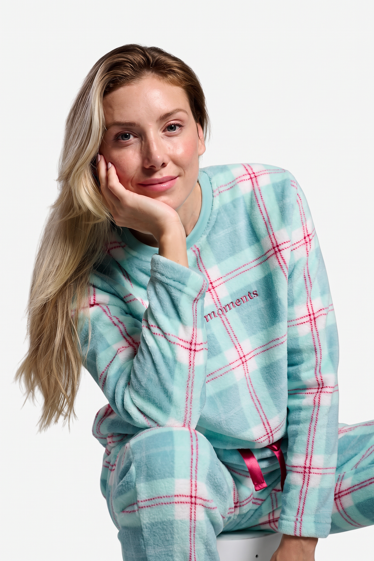 Pijama largo polar coralina mujer cuadros verde agua marina