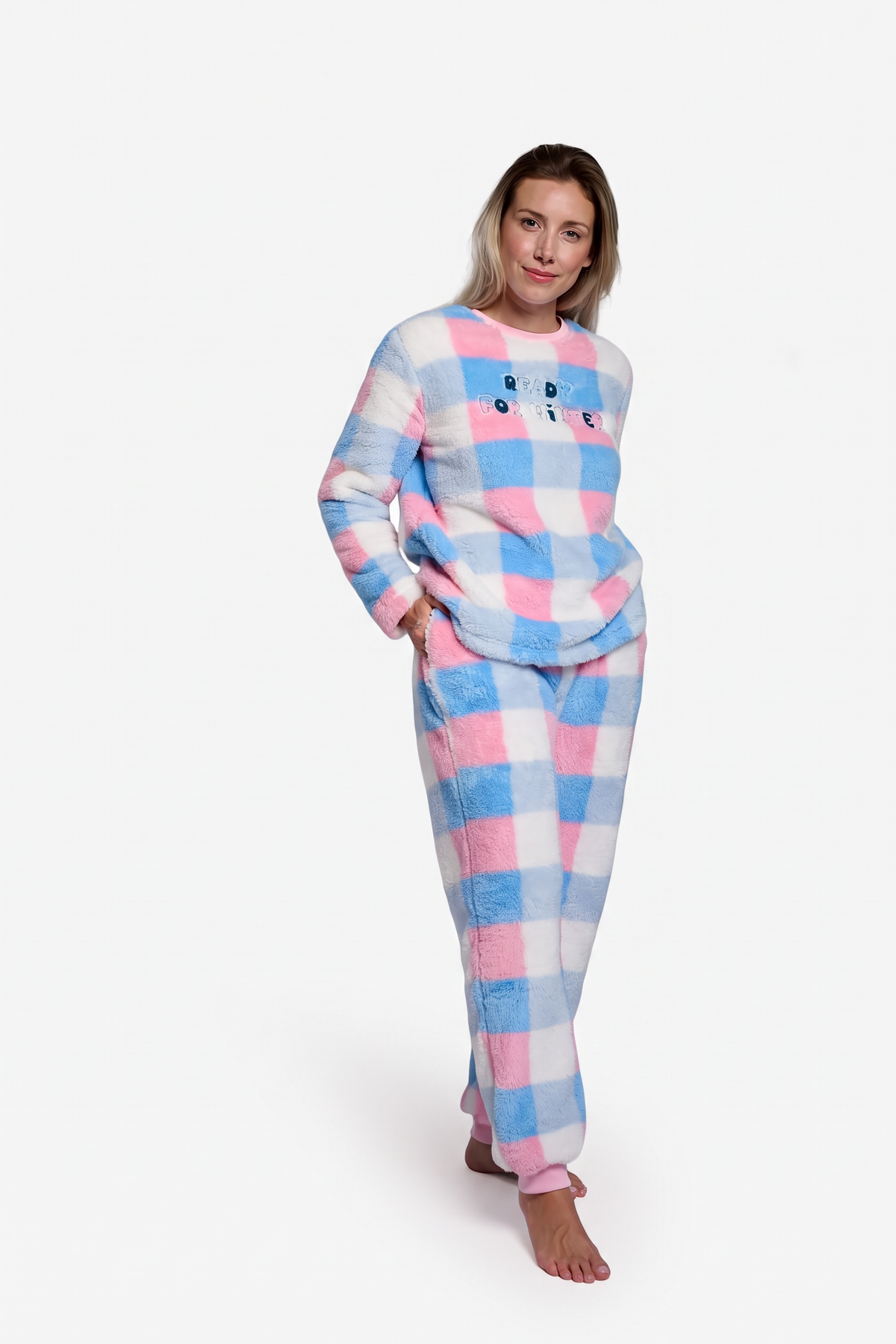 Pijama largo polar borreguito mujer estampado cuadros