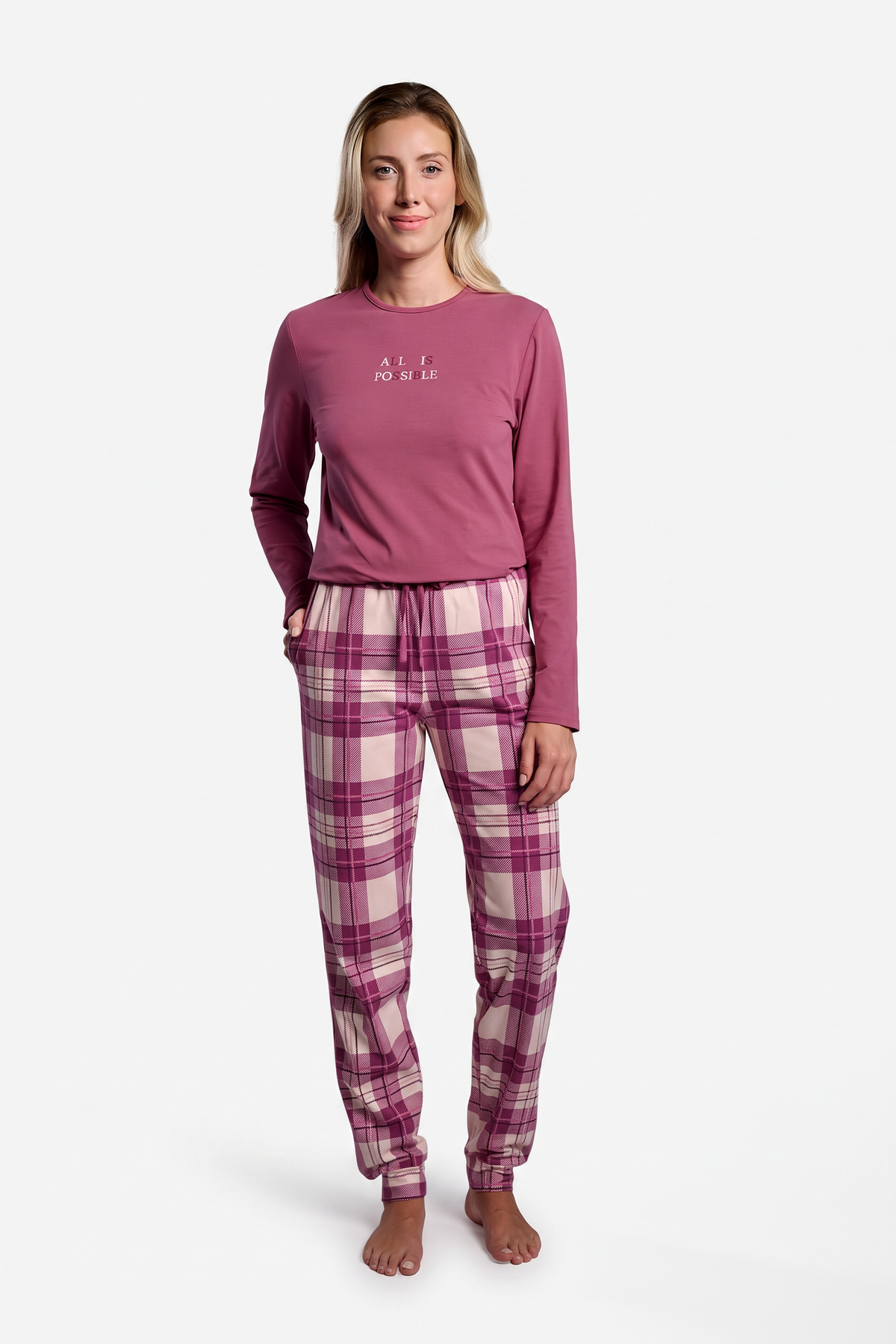 Pijama largo mujer camiseta algodón y pantalón franela a cuadros