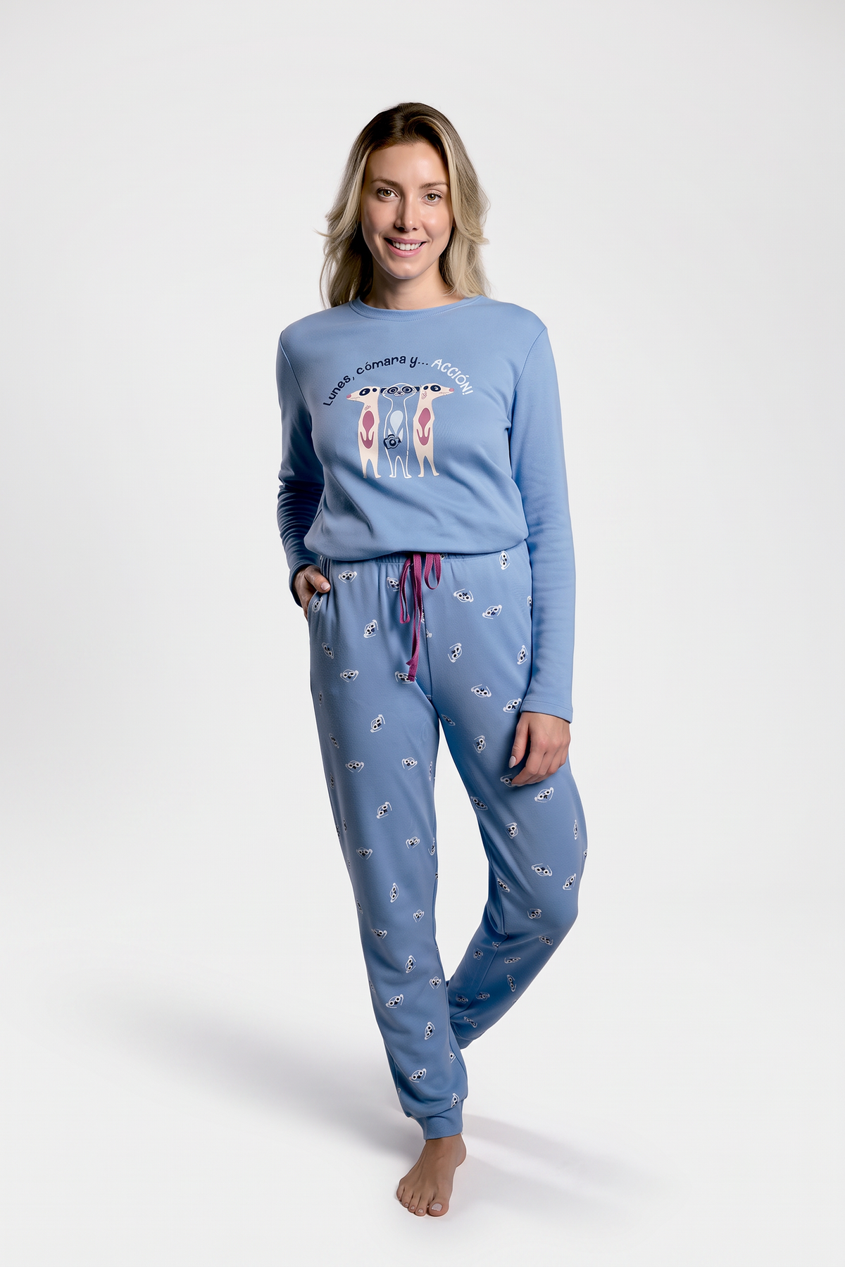 Pijama largo afelpado mujer suricatos azul