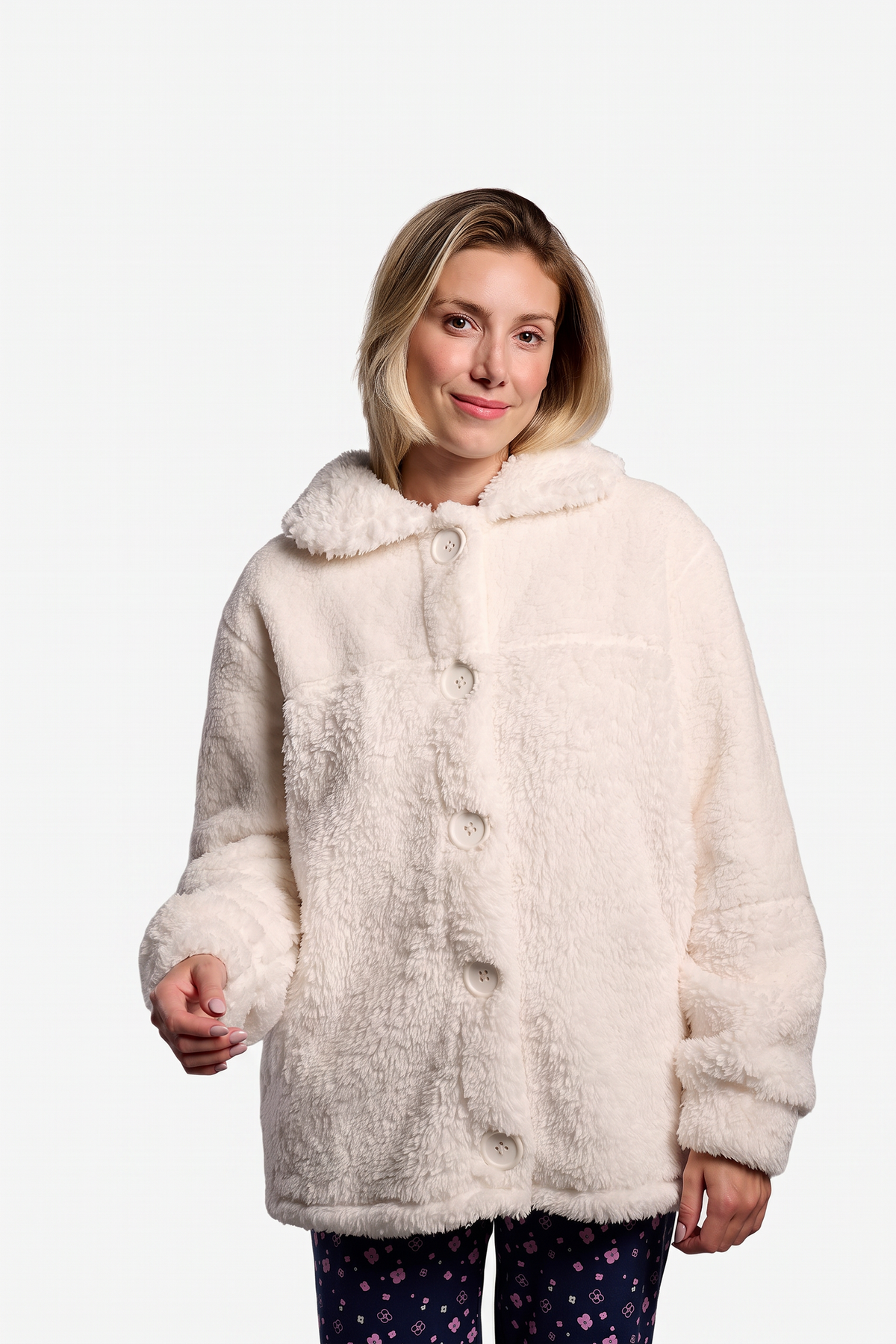 Bata corta polar borreguito mujer blanca con botones