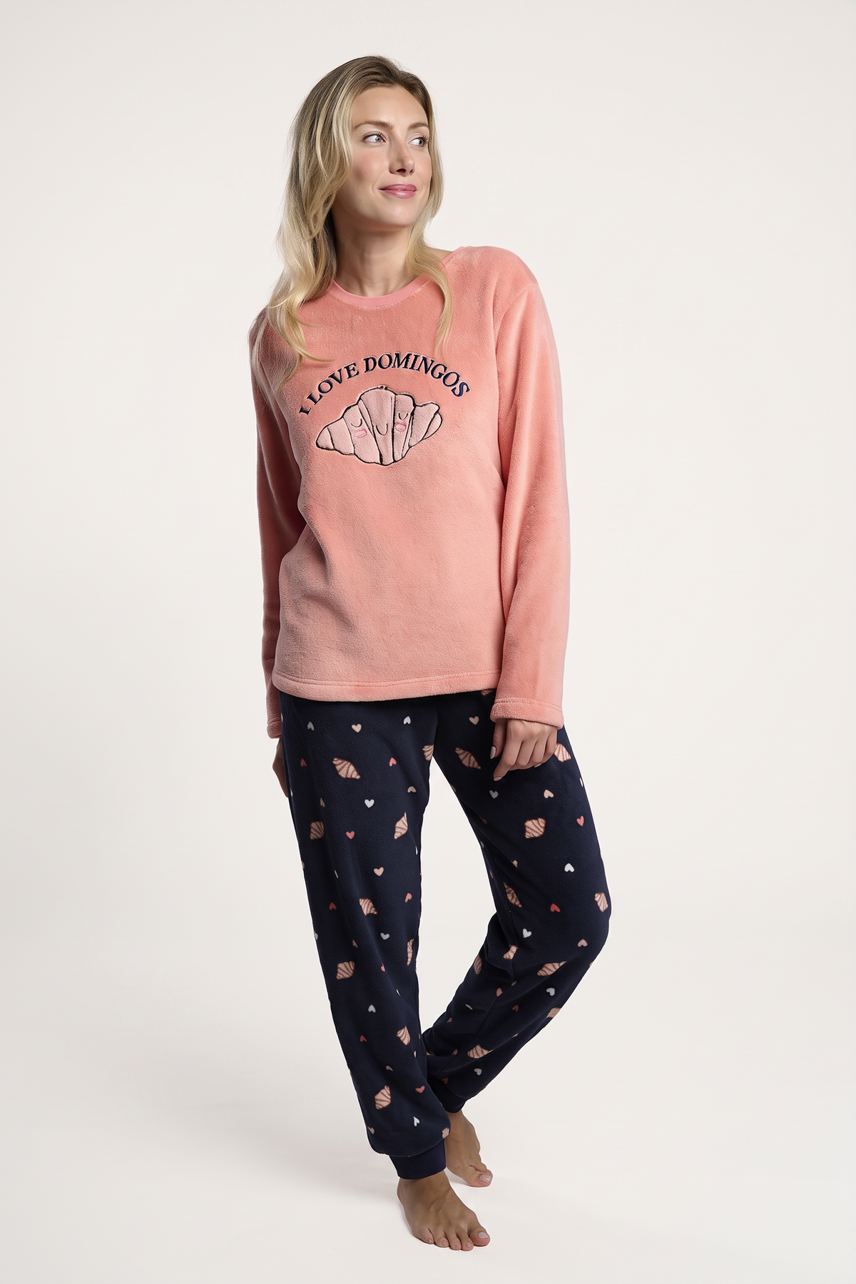 Pijama largo polar coralina mujer mensaje I love domingos