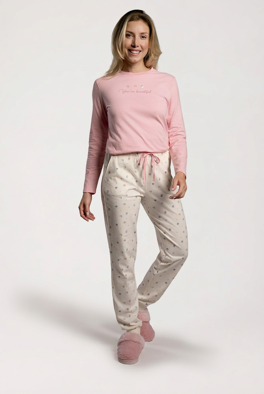 Pijama largo algodón mujer rosa y blanco