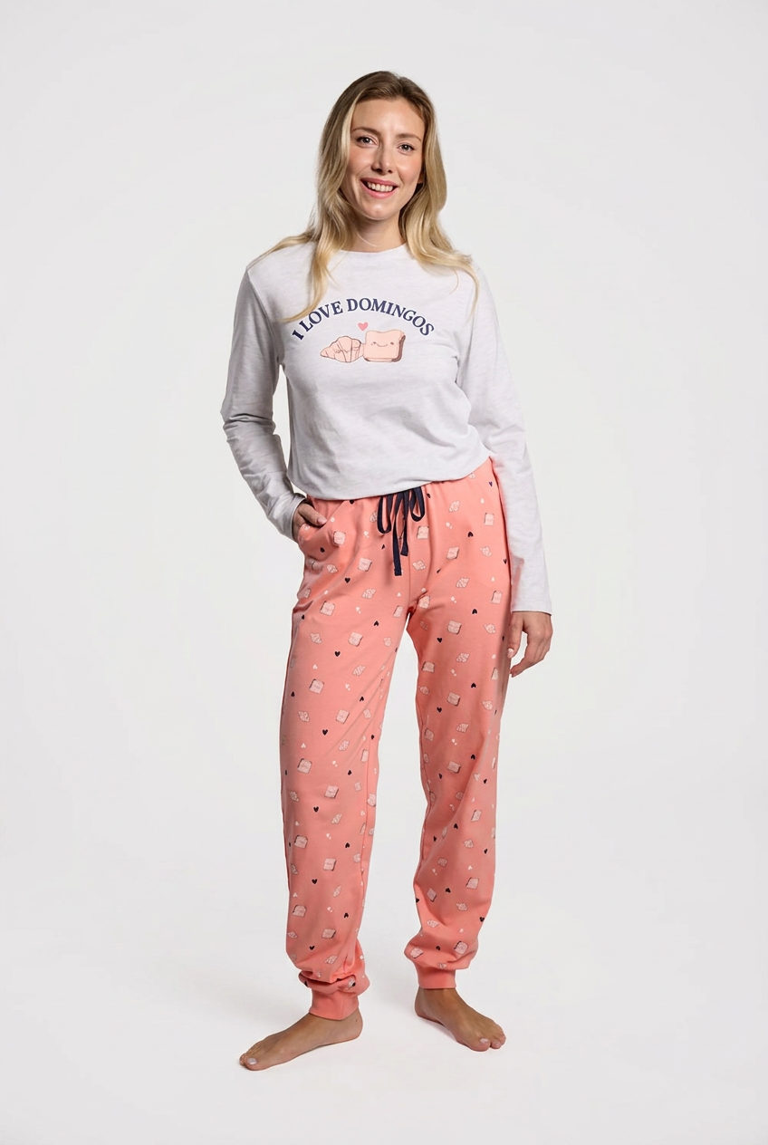 Pijama largo algodón mujer I love domingos coral