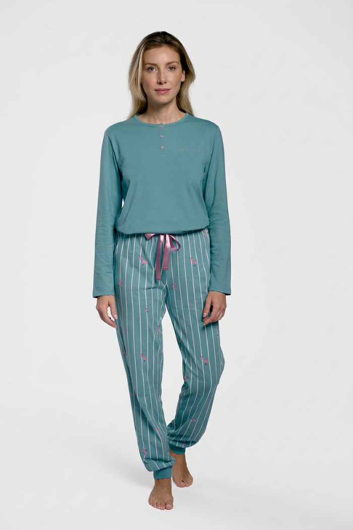 Pijama largo algodón mujer estampado rayas azul con detalles